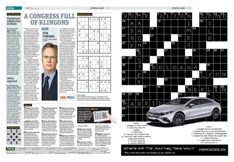 A newspaper page with a crossword puzzle, a Sudoku puzzle, and an article about Congress and Tom Foreman. The crossword puzzle is partially completed with some words filled in, and an advertisement for a Mercedes-EQ electric car at the bottom of the page.