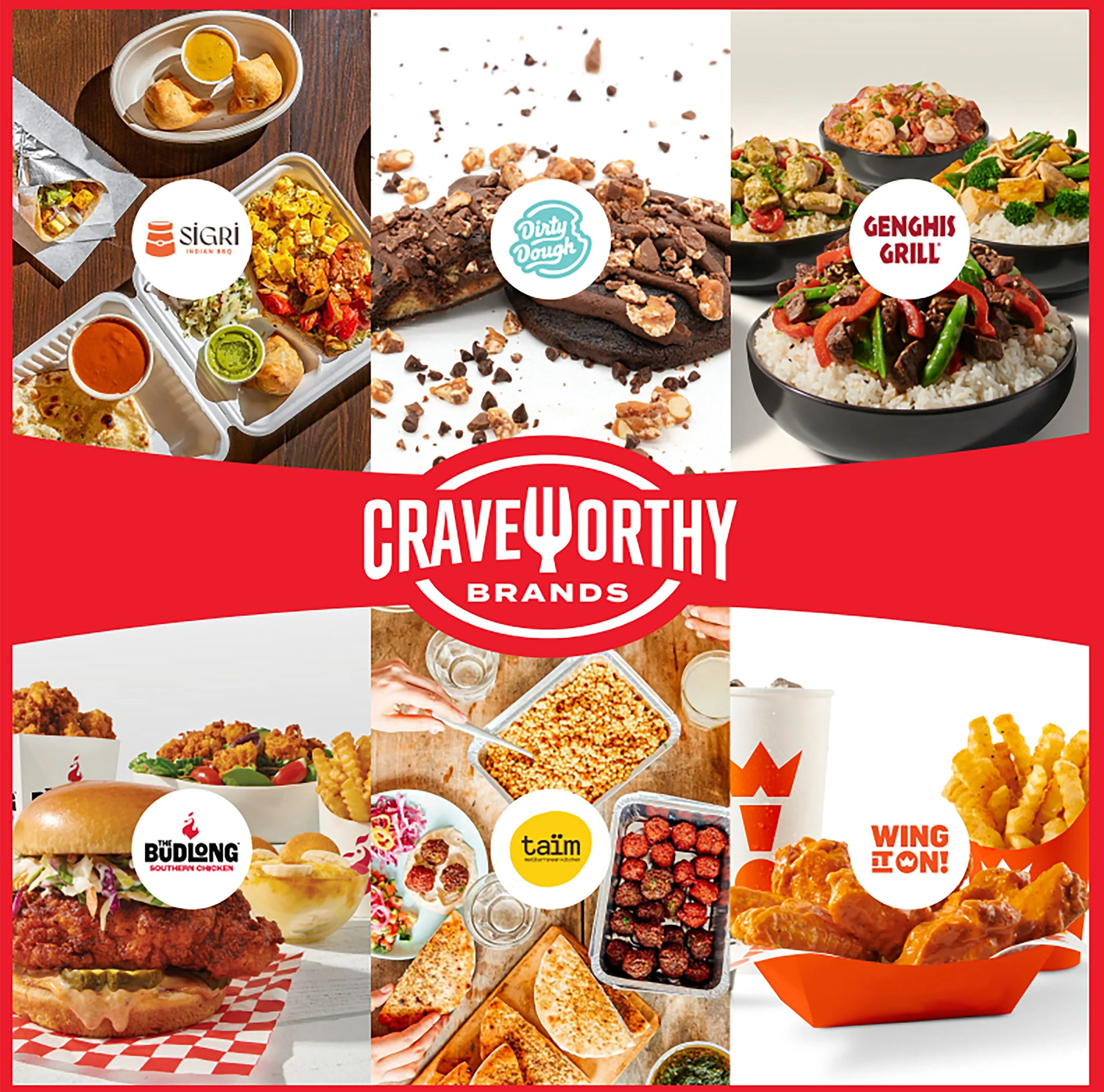 A collage of various food items including a burger, fried chicken, pizza, savory snacks, rice bowls with vegetables and meat, and desserts, with logos of different food brands such as Sigri Indian Biryani, Genghis Grill, The Budlong Southern Chicken, Taim, and Wing On.