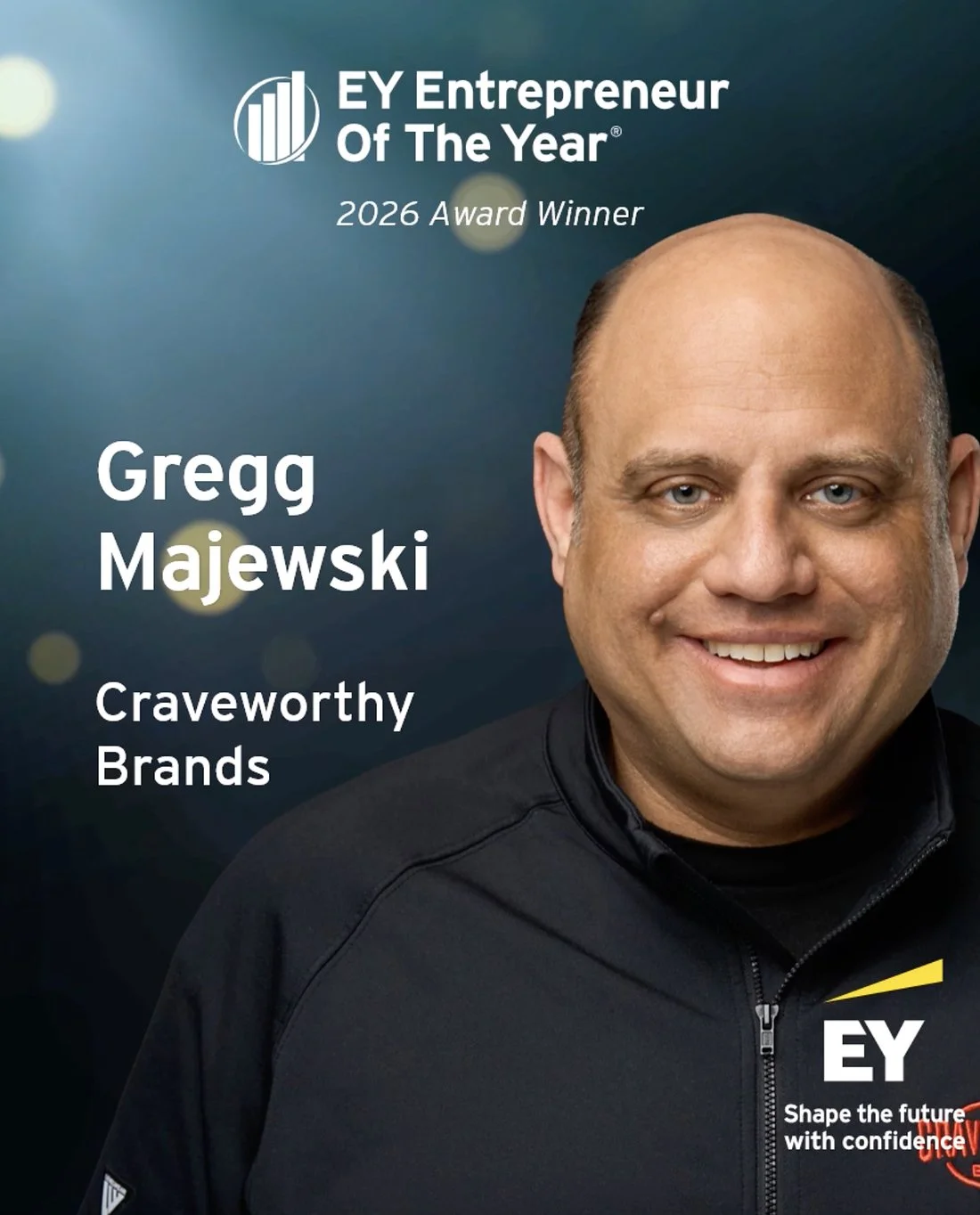 A professional headshot of Gregg Majewski, winner of the 2026 EY Entrepreneur of the Year award, with EY branding and the tagline "Shape the future with confidence".