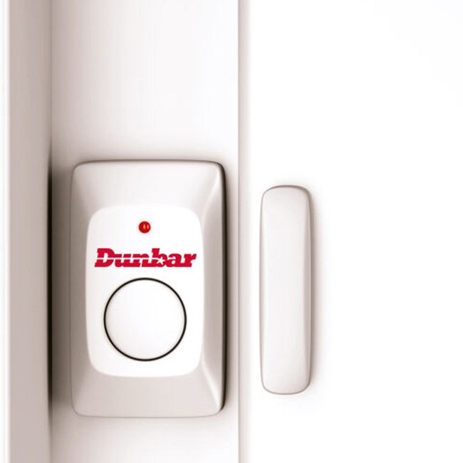 Close-up of a white door latch with a red logo that says 'Dumbar' and a small circular lock above it.