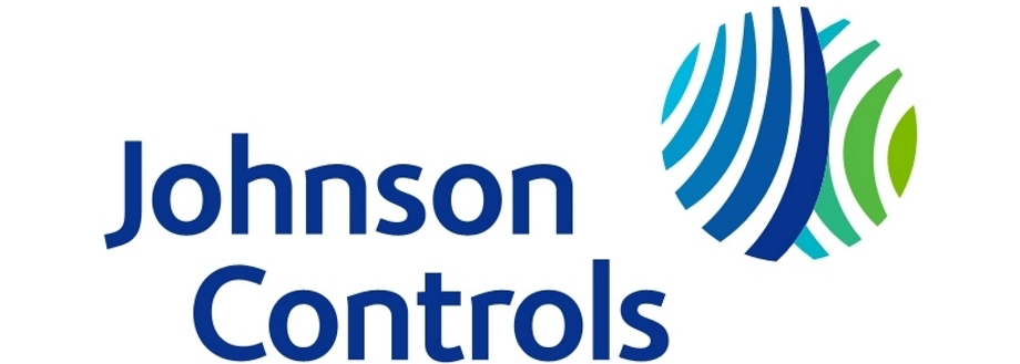 Johnson Controls logo featuring company name and a stylized globe icon with blue and green wavy lines.