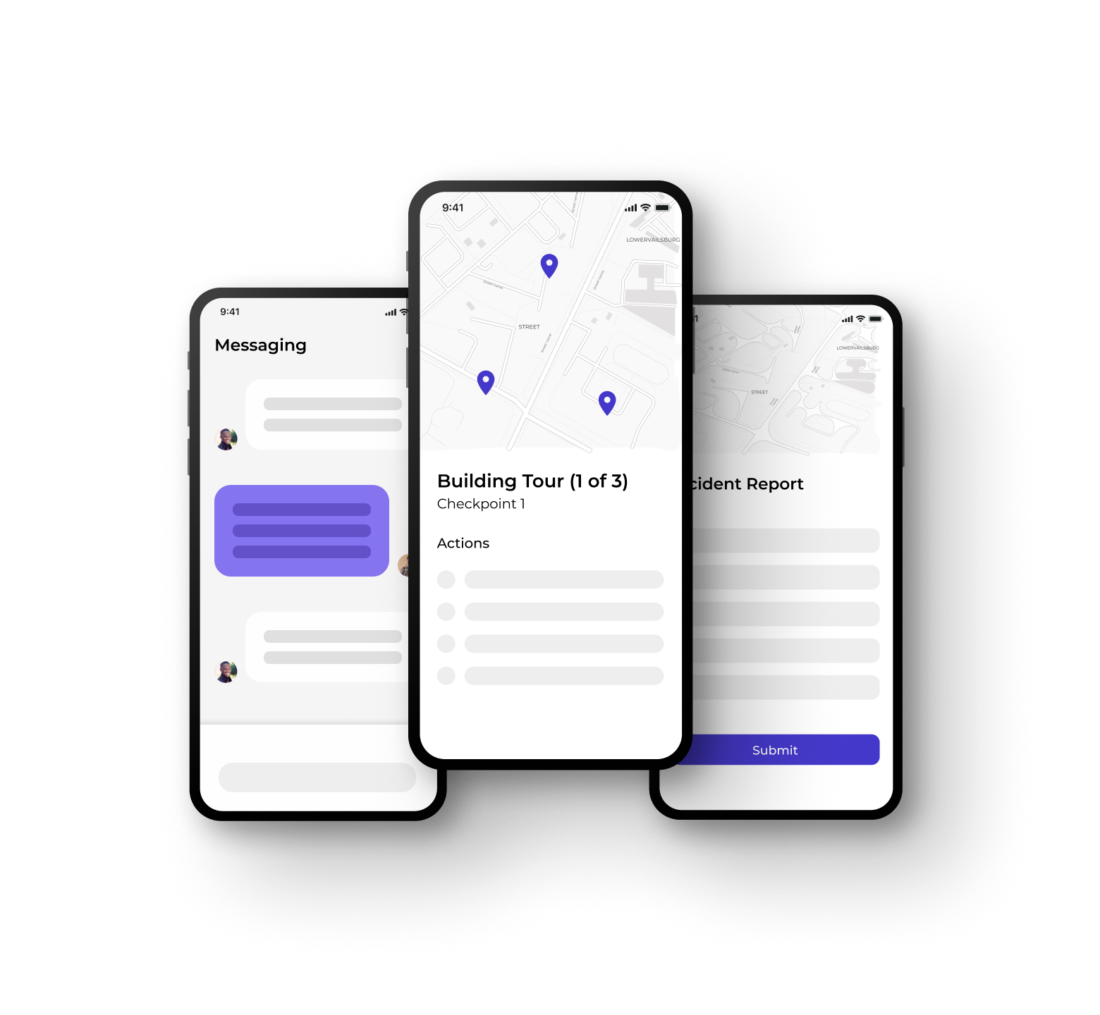 Screenshot of a mobile app interface showing a building tour feature with map markers, a message conversation, and an incident report form.