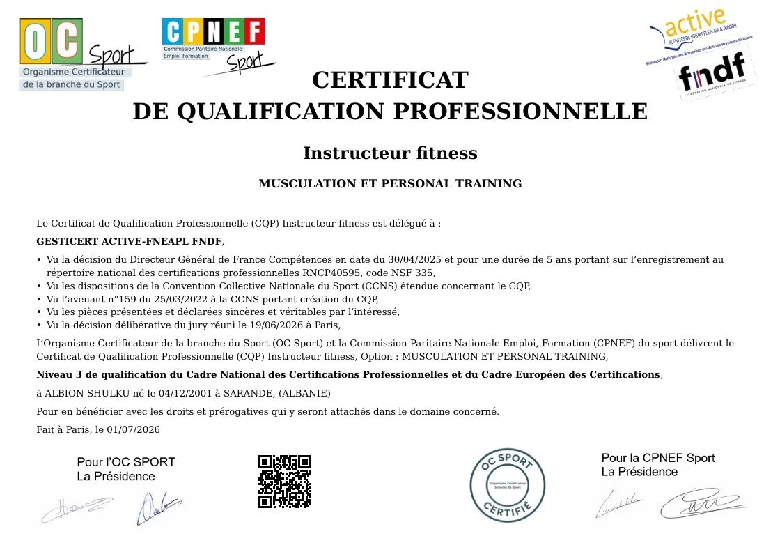 Dimplôme CQP Instructeur Fitness - Albion Shulku