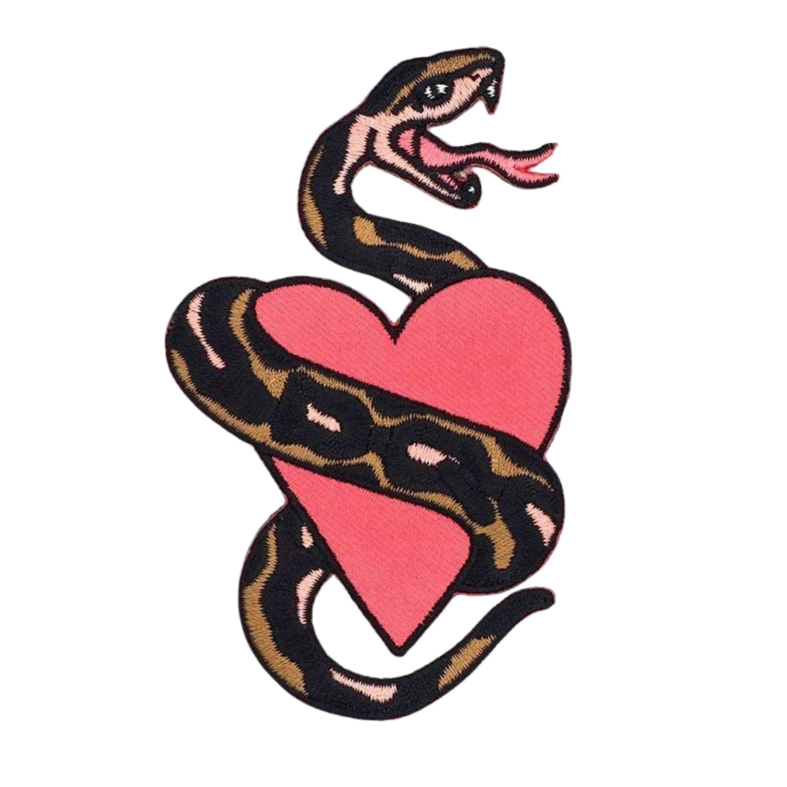 Embroidery patch of a snake with its mouth open, sitting on a pink heart.