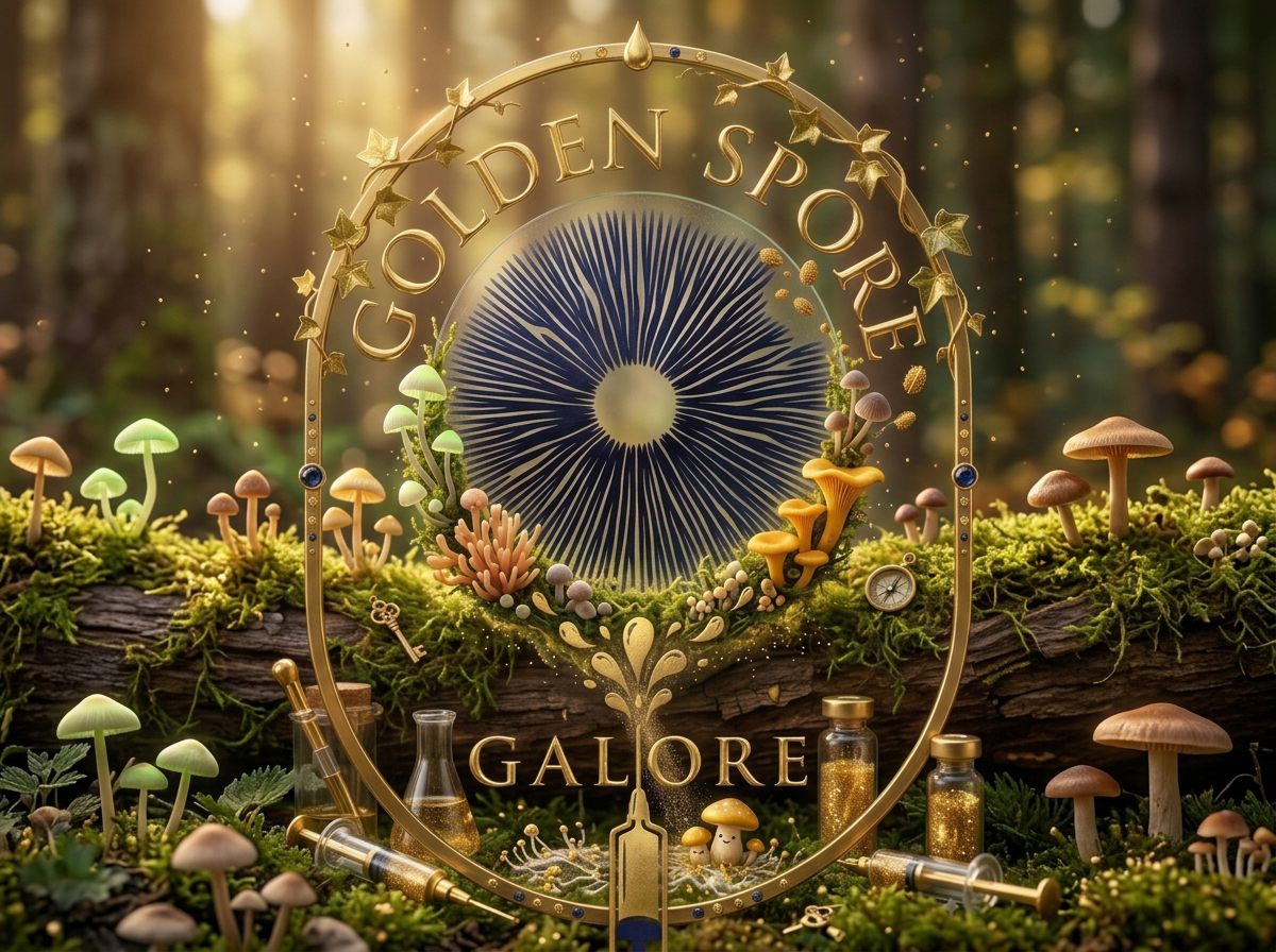 Mystical forest scene with glowing mushrooms, gold jars and a circular frame with the words 'Golden Spore Galoire,' set among moss and woodland plants.