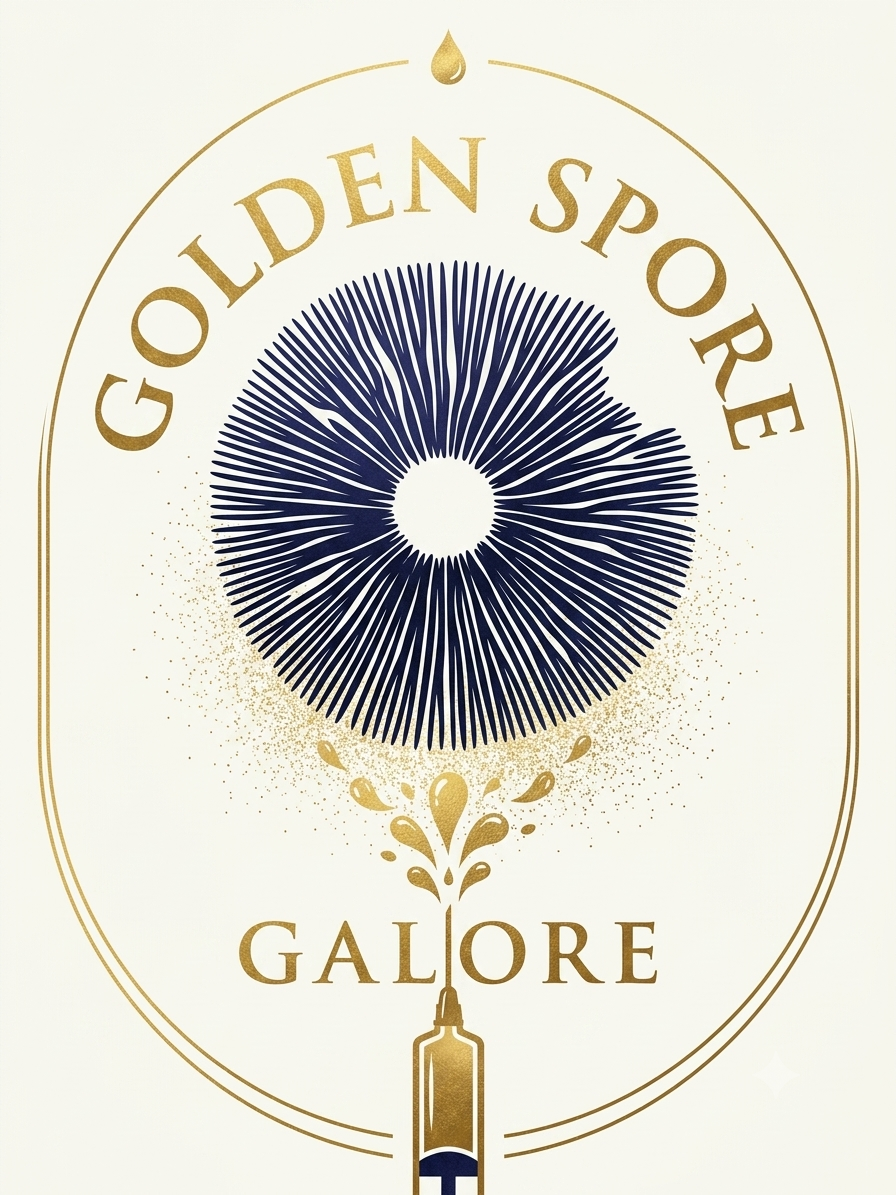 Golden Sprite Gallore wine label with a blue and gold circular design and a dropper at the top, on a light background.