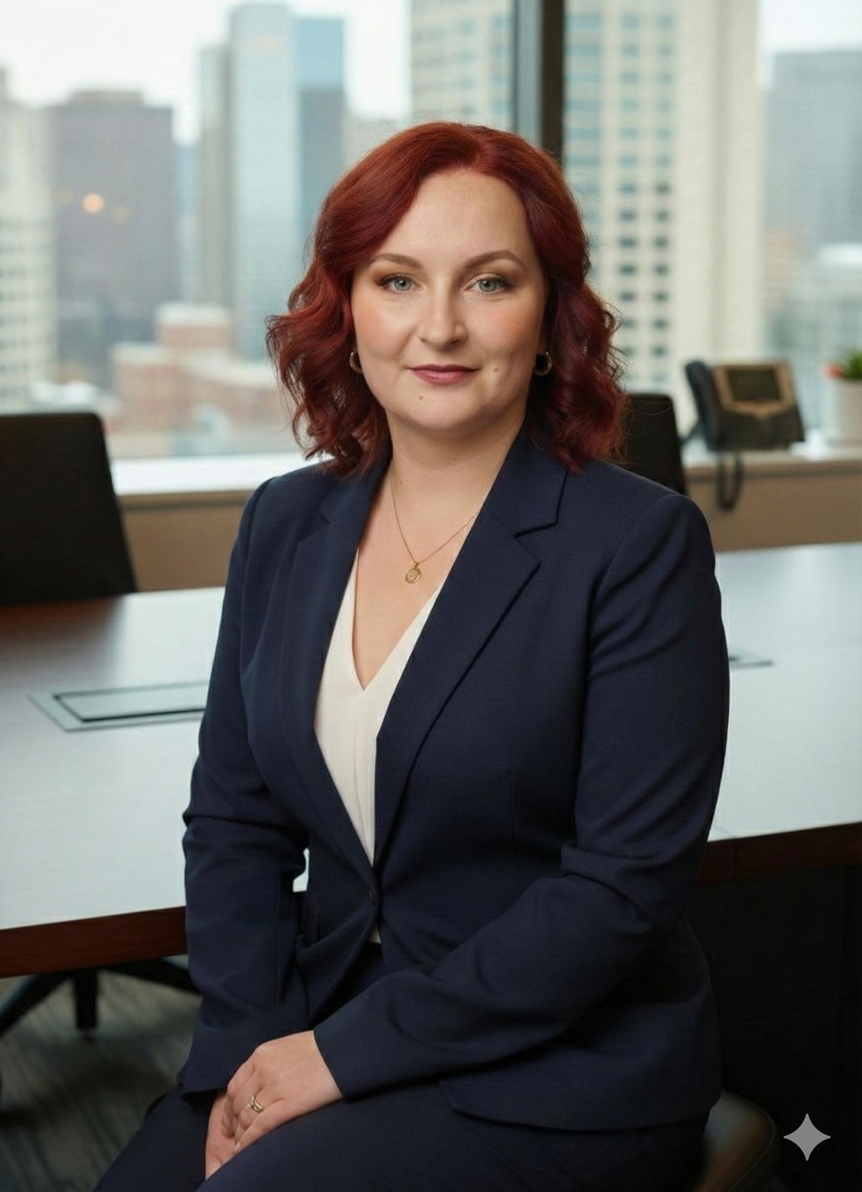 A professional woman with red hair styled in soft waves, wearing a navy blazer over a white top, sitting in an office with a cityscape view through large windows in the background.