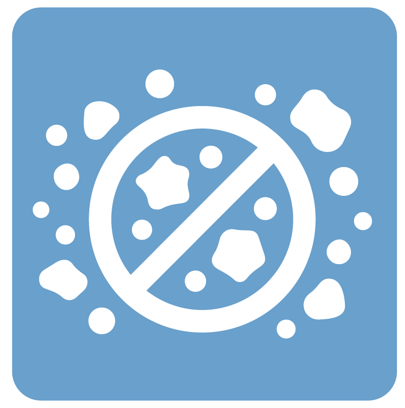 Icon indicating no germs or bacteria, with a circle crossed out surrounded by small particles and germs on a blue background.