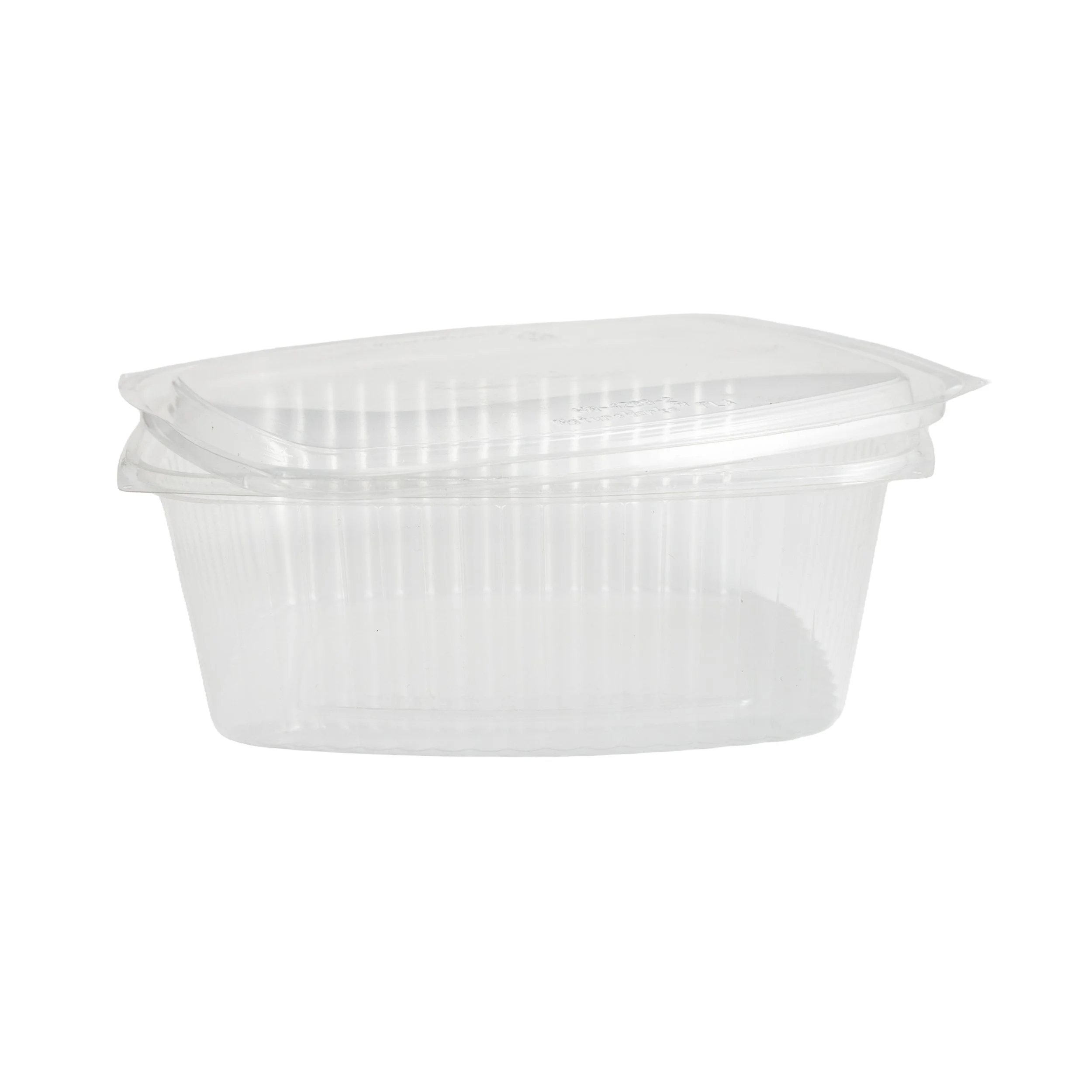 A clear plastic food container with a transparent lid, placed against a white background.