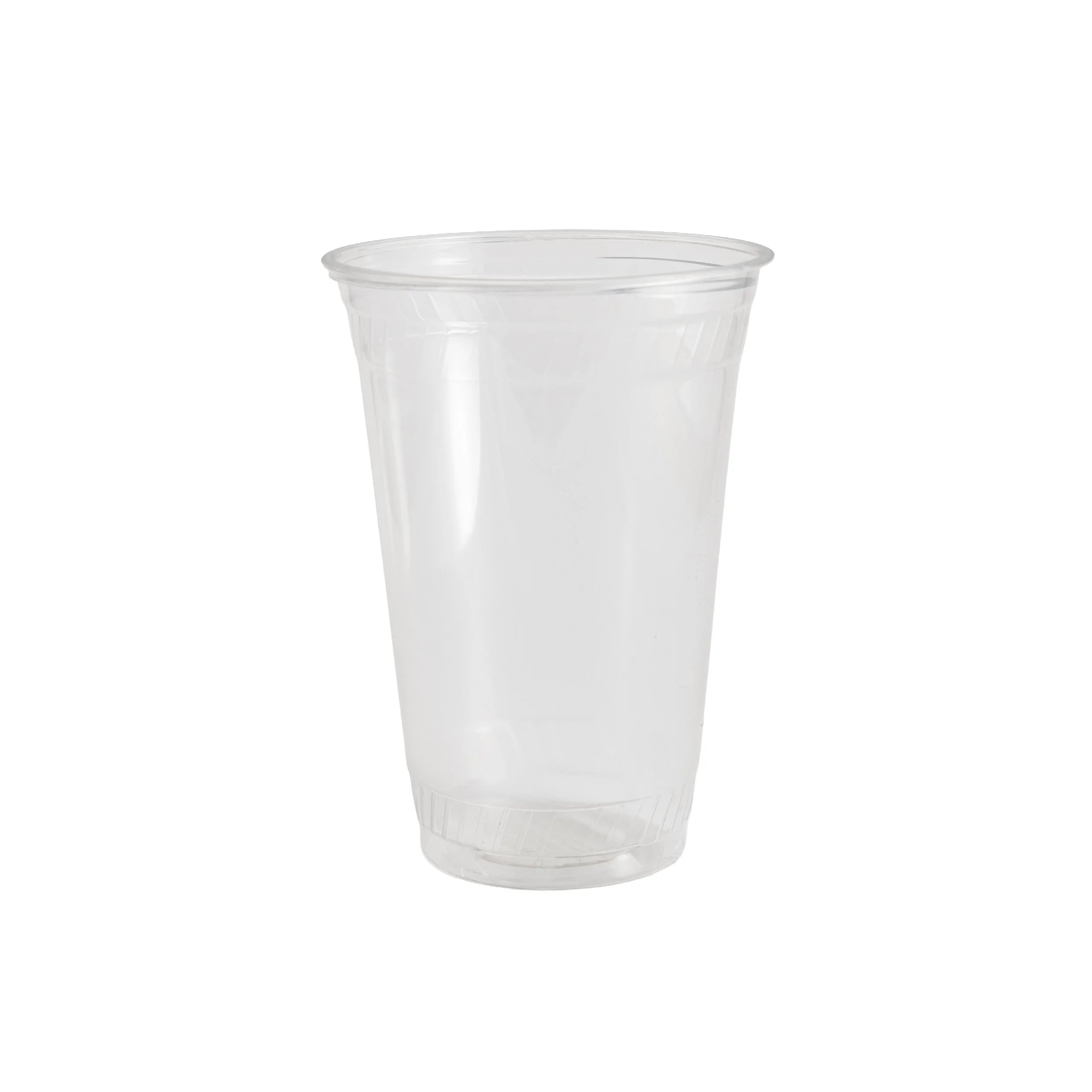 Clear plastic cup with a flared rim and a textured base, empty and transparent.