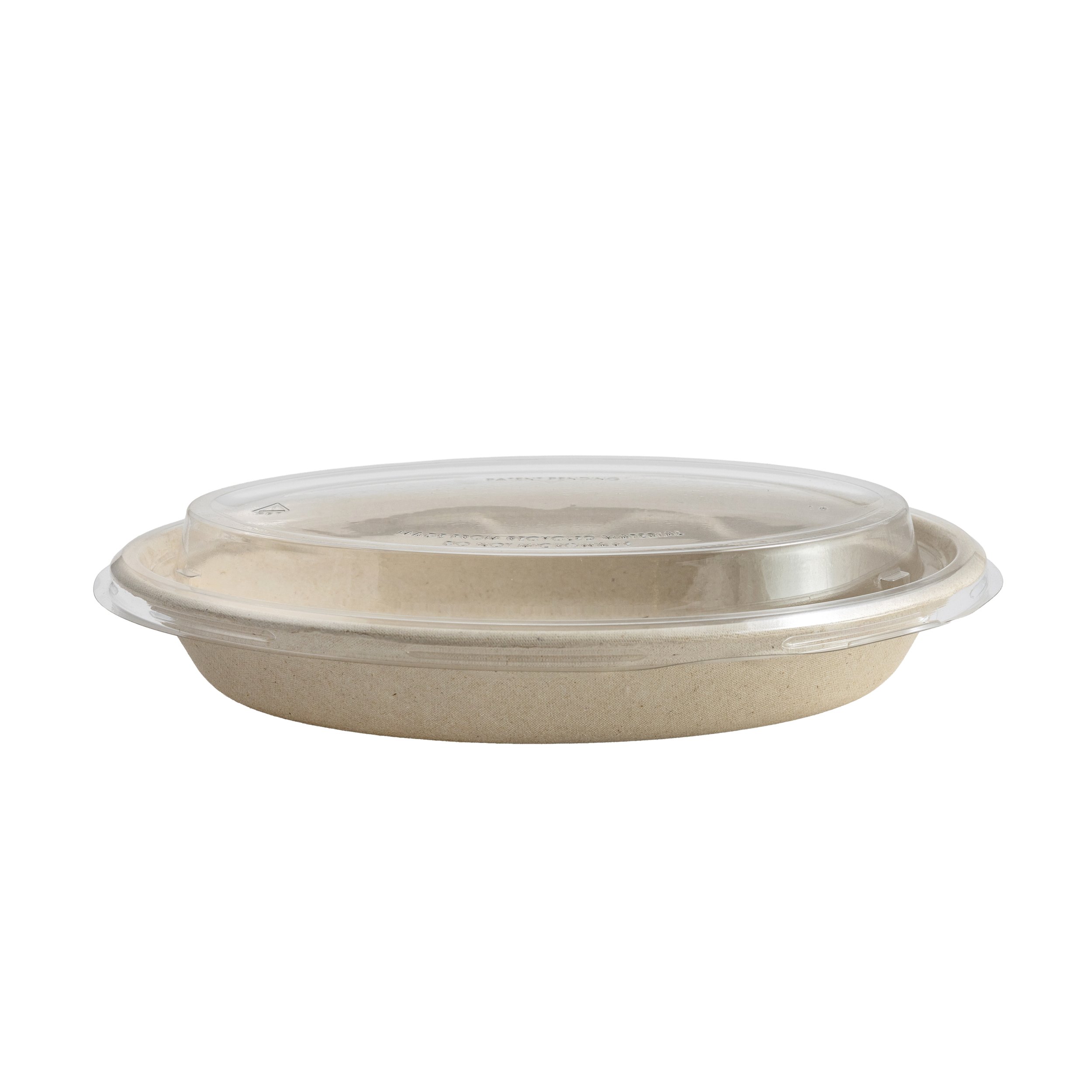 A clear plastic container with a transparent lid containing creamy beige ice cream.