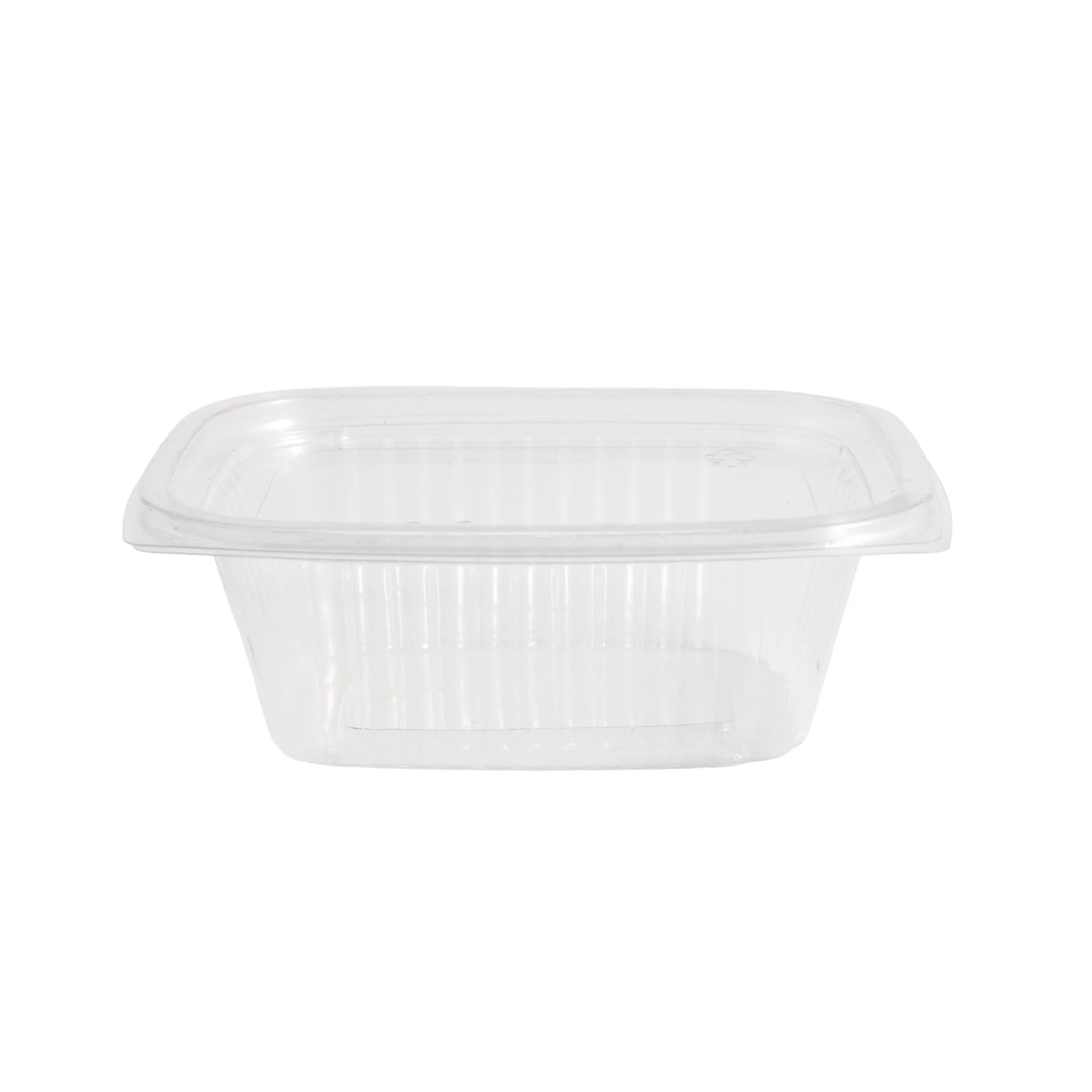 A clear plastic food container with a white lid.
