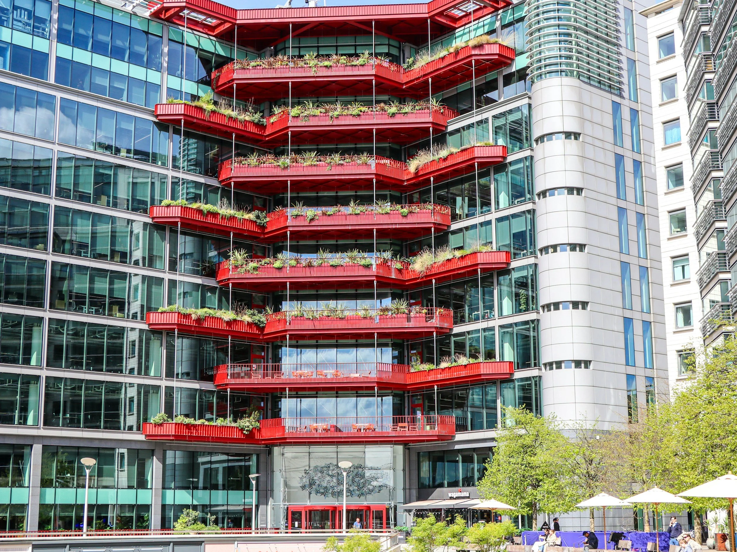 Corporate office building representing workplace dining and compostable foodservice operations