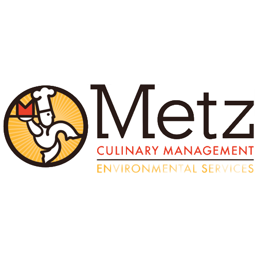 Logo of Metz Culinary Management with a chef holding a wine glass, and text indicating environmental services.