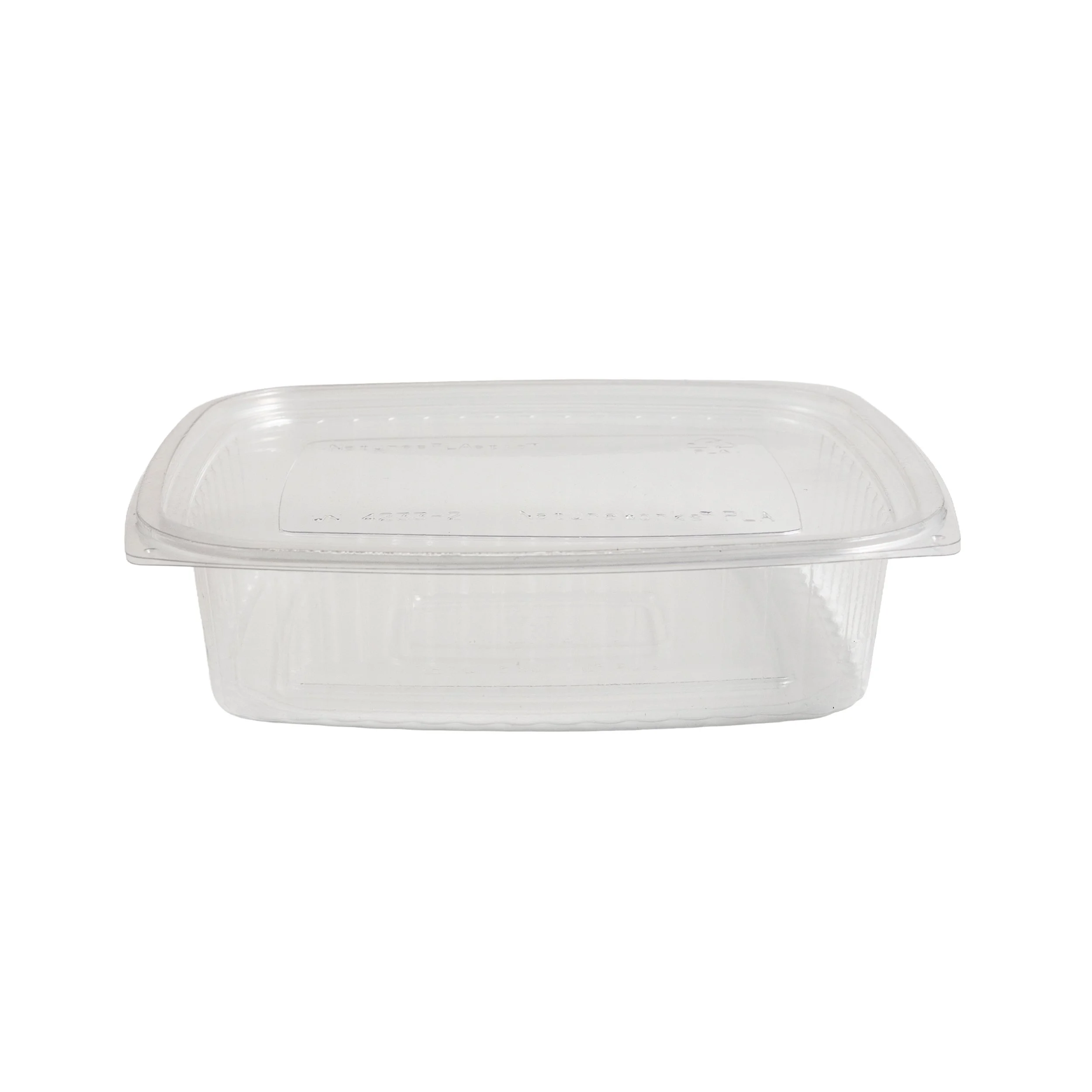 Empty clear plastic container with a lid, isolated on a white background.