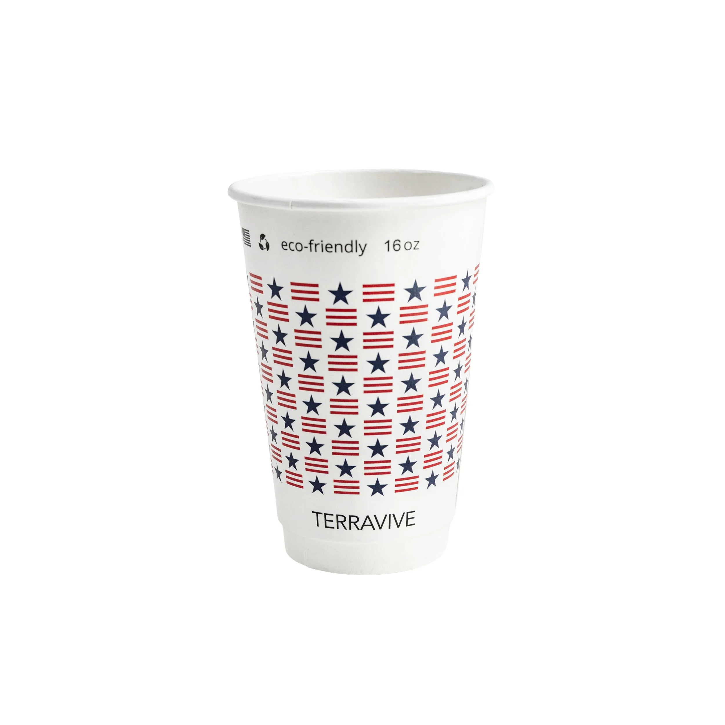 A white disposable cup with red, white, and blue stars and stripes pattern, labeled 'TERRAVIVE' and 'eco-friendly 16 oz'.