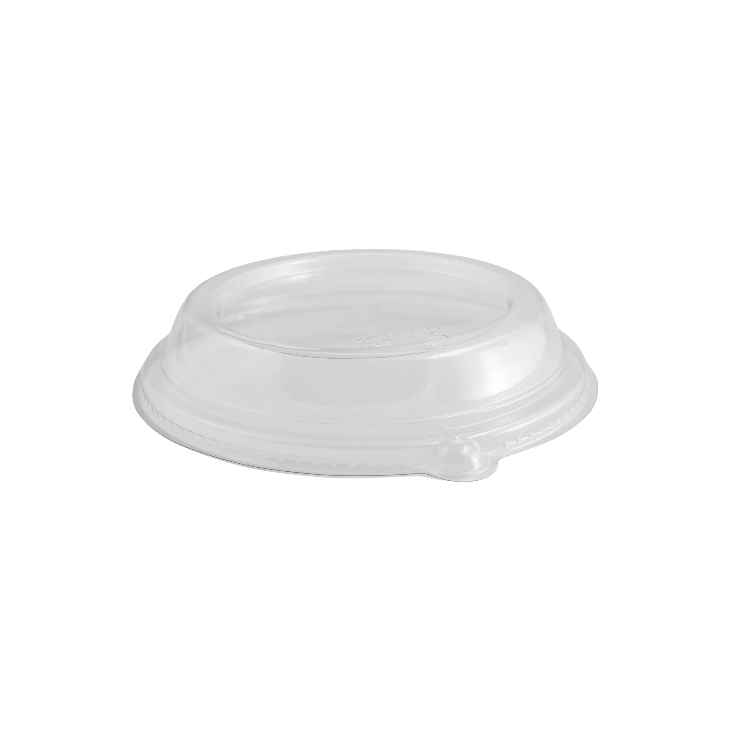 A clear plastic cup lying on its side on a white background.