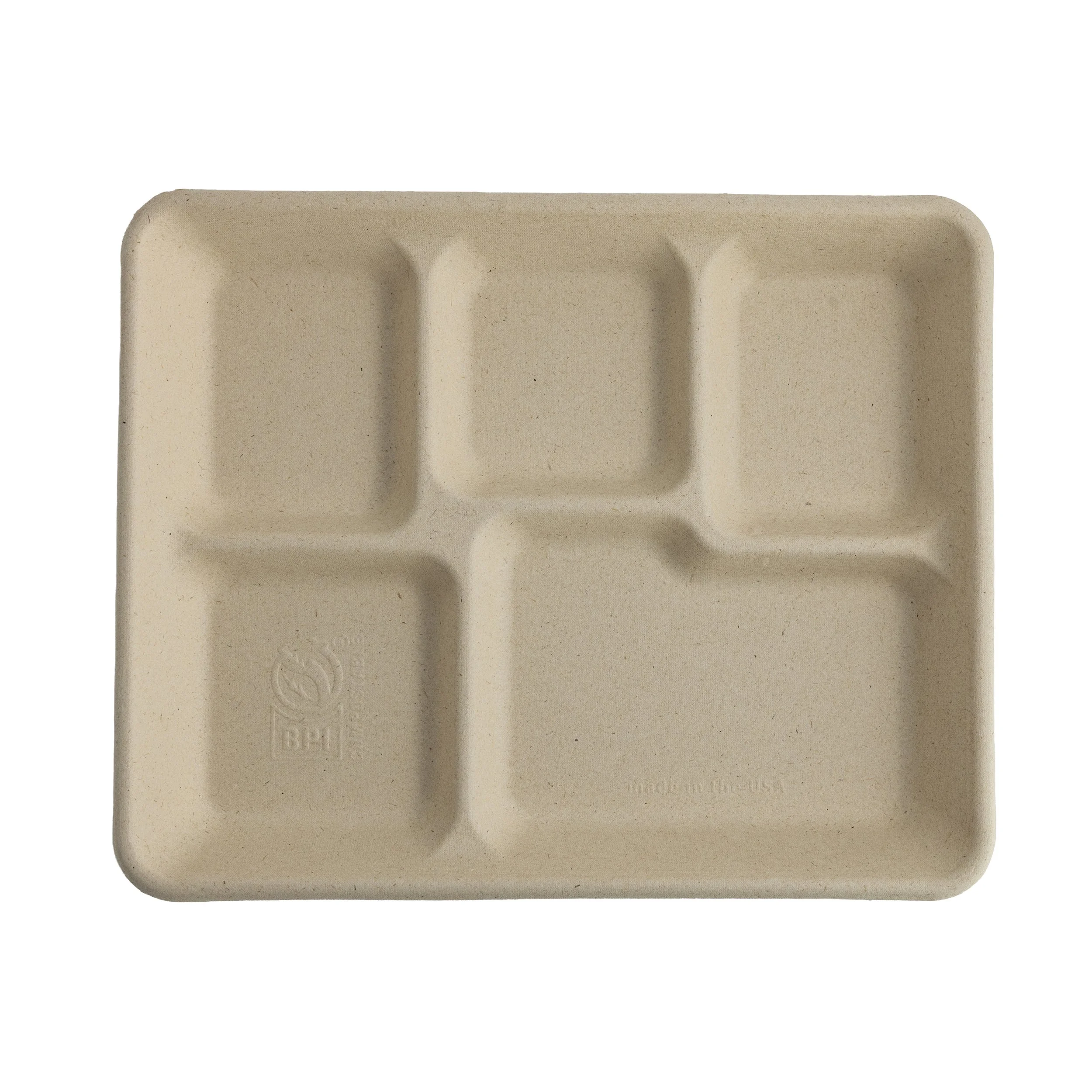 A beige, compartmentalized biodegradable tray.
