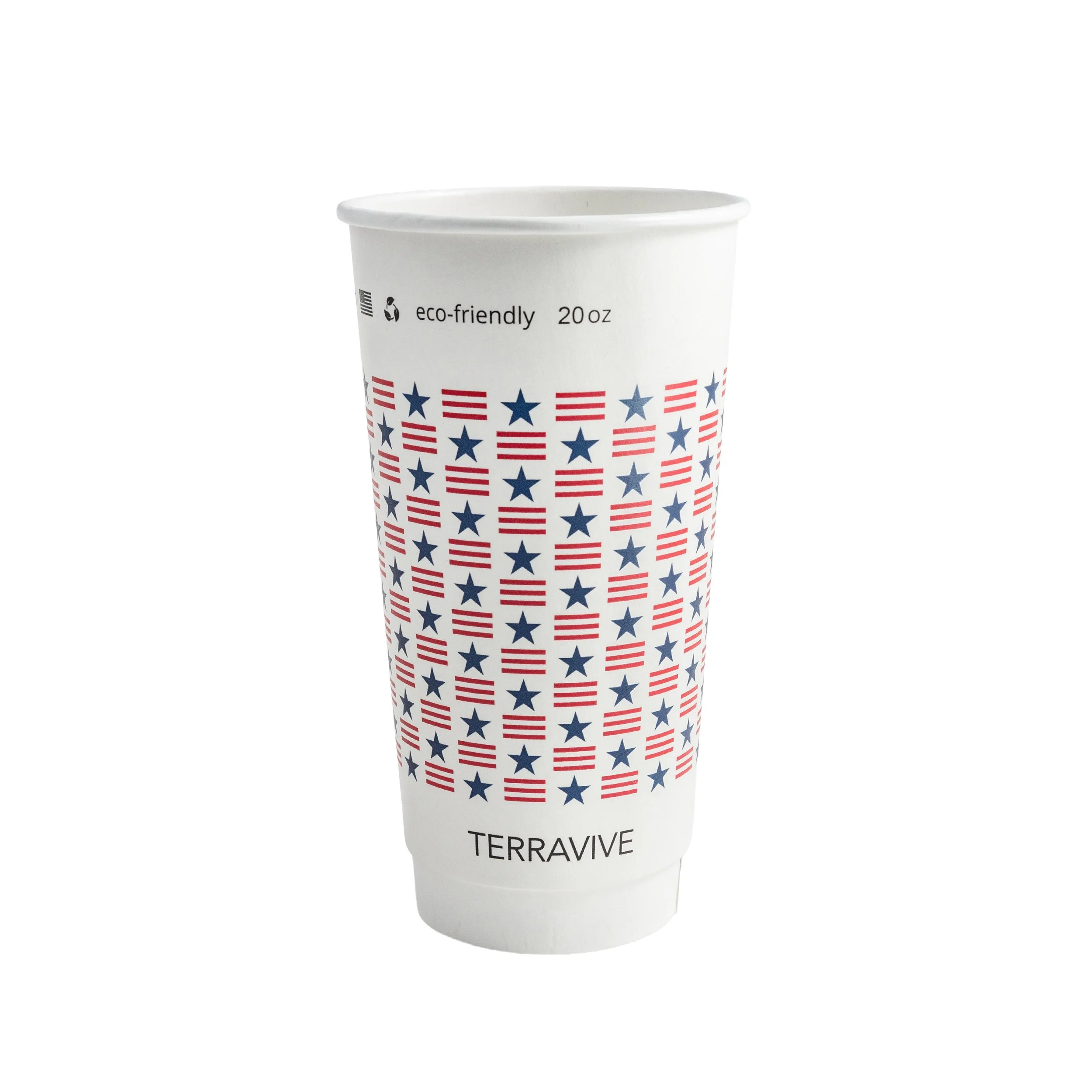 A white disposable cup with red and blue star patterns and the word "TERRAVIVE" printed on it, indicating it is eco-friendly and holds 20 ounces.
