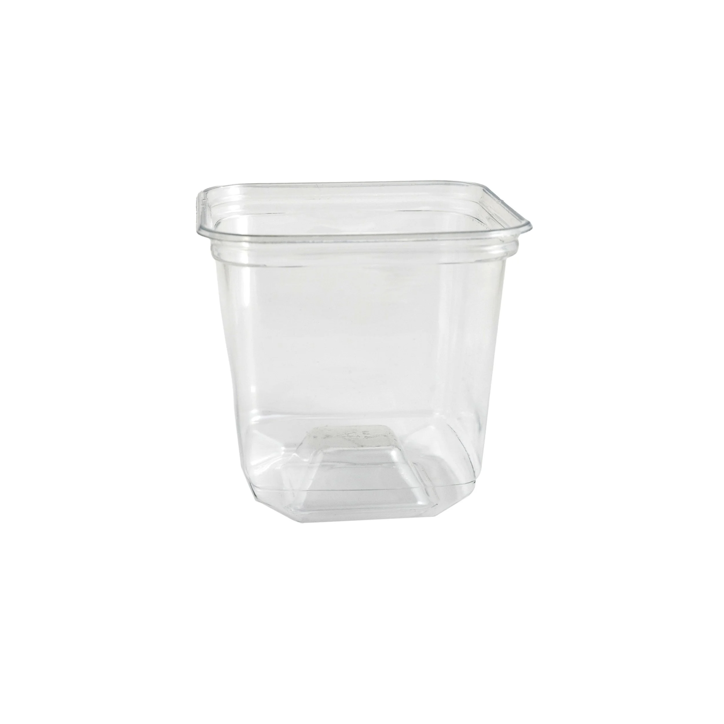 A clear plastic food container with a lid, empty inside, placed against a white background.