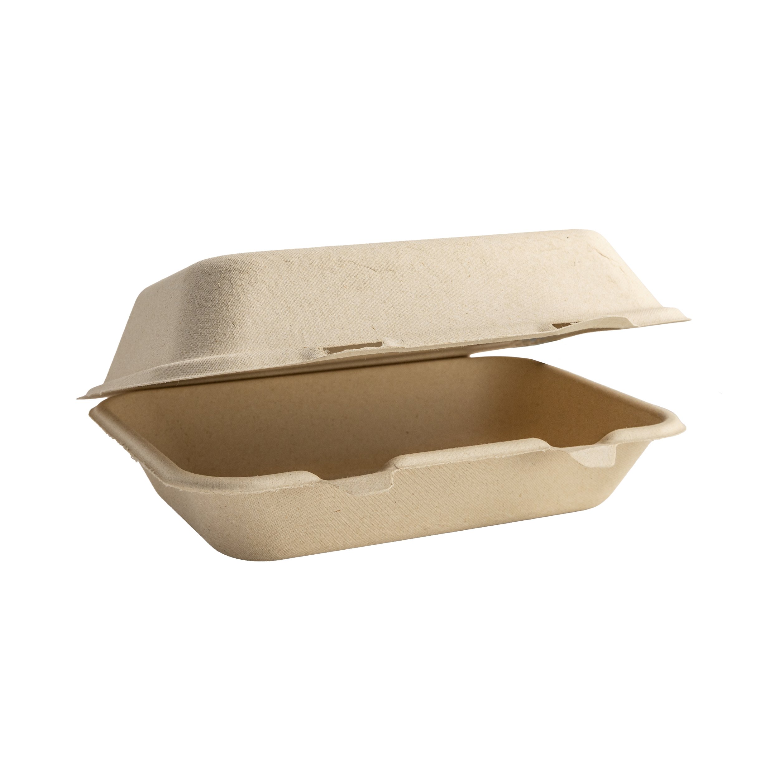 A beige takeout food container with the lid slightly open, revealing the inside.