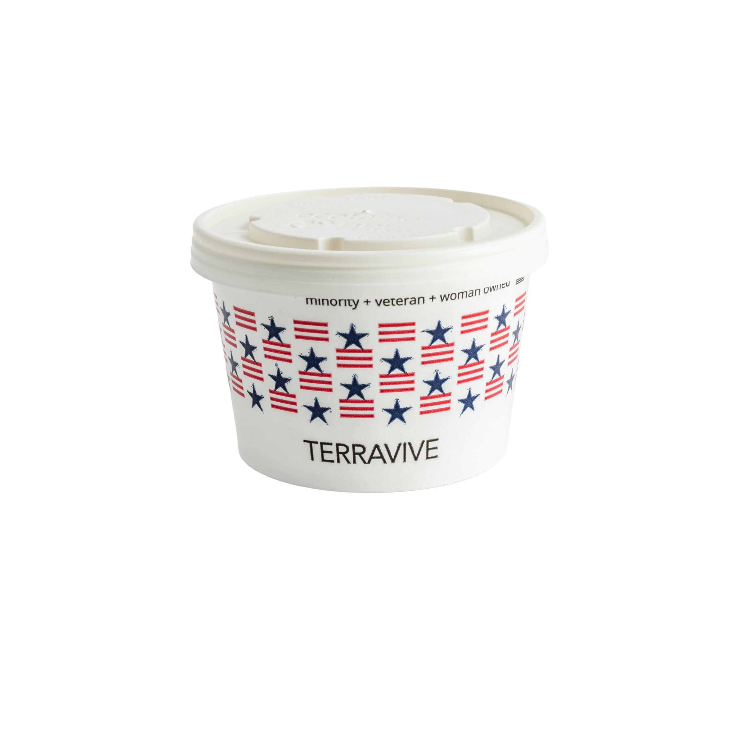 A white disposable cup with a patriotic design of red and blue stars and stripes, featuring the words 'TERRAVIVE' and a list of words including 'minority', 'veteran', and 'woman owned'.