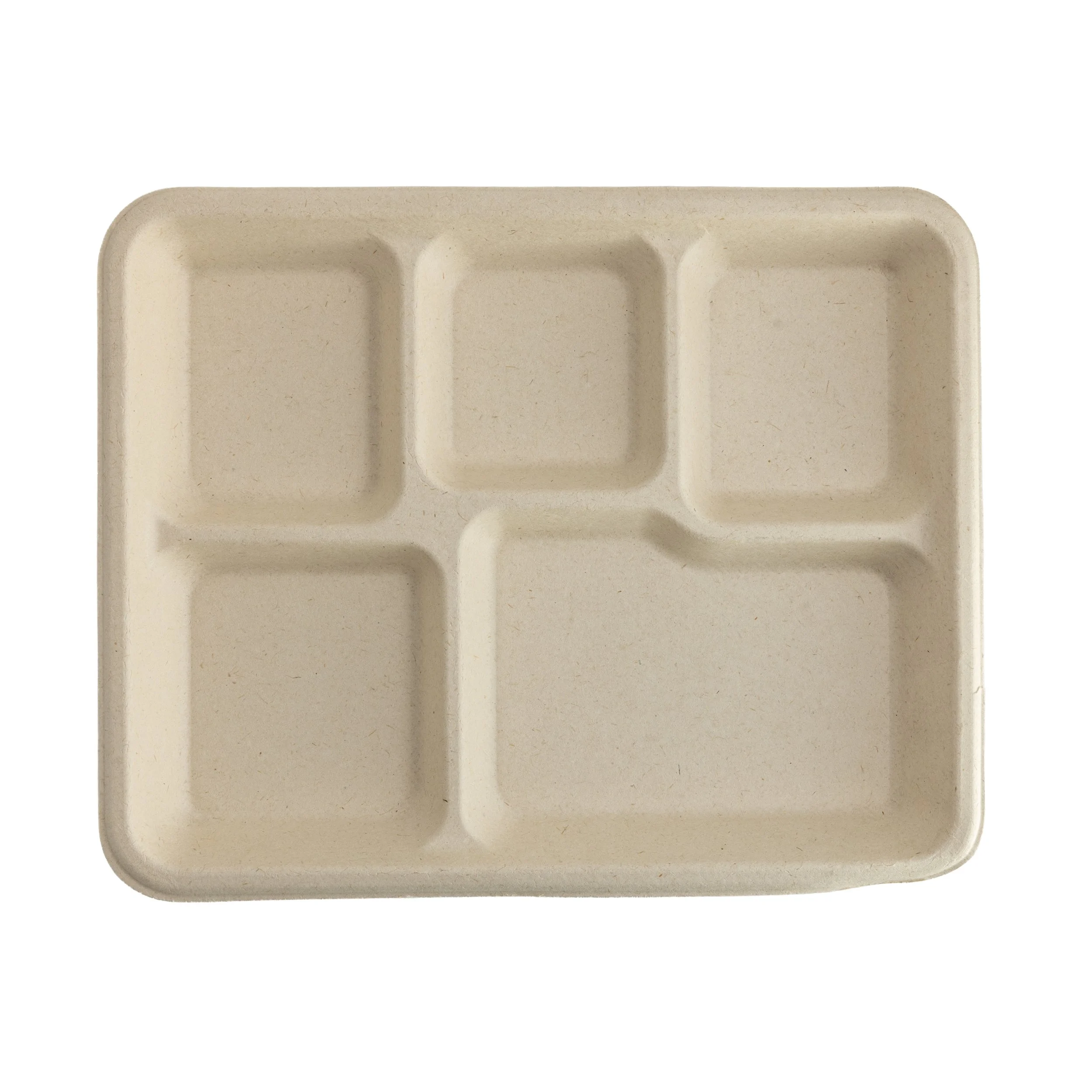 A beige, compartmentalized tray with three sections against a plain white background.