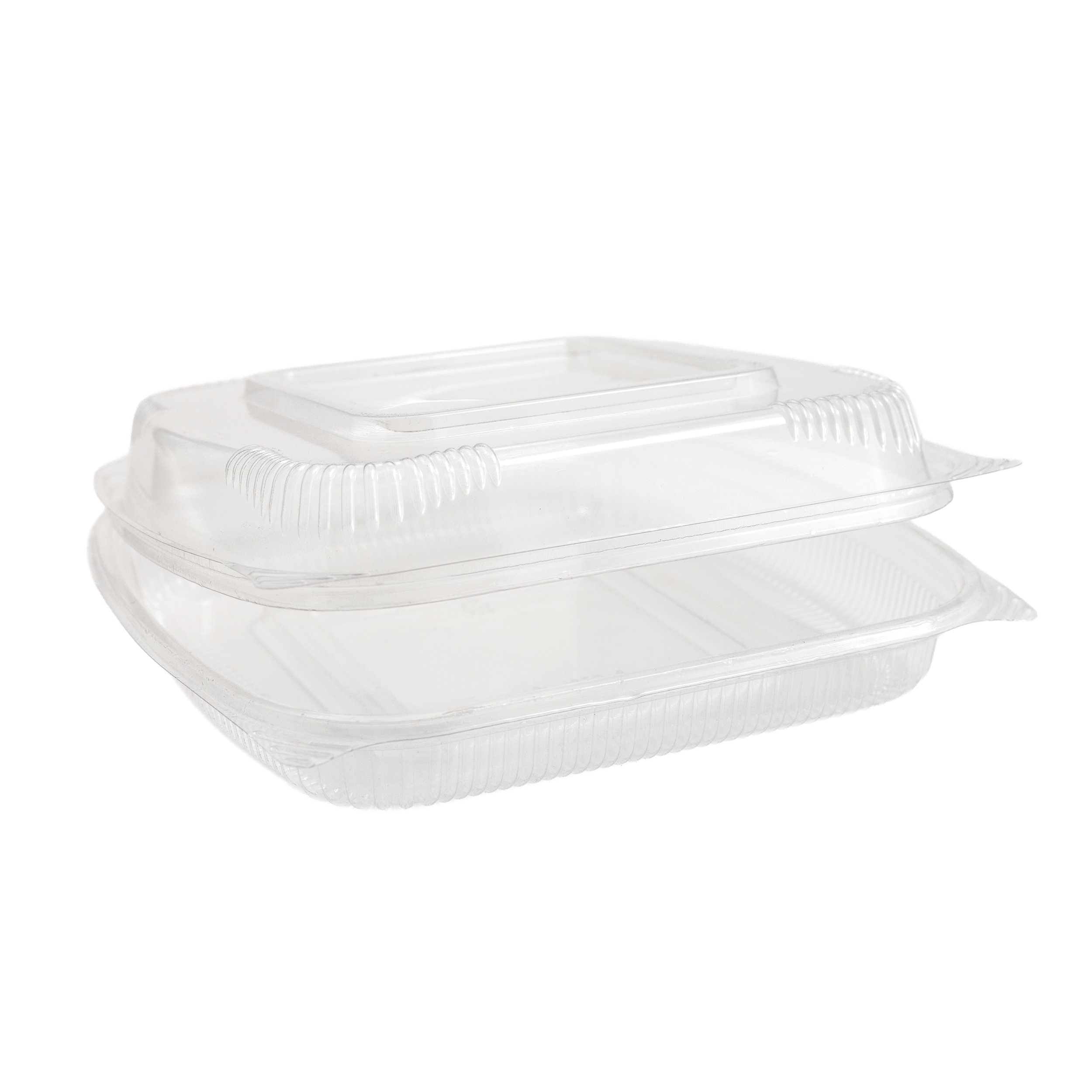Stacked transparent plastic food containers with lids on a plain white background.