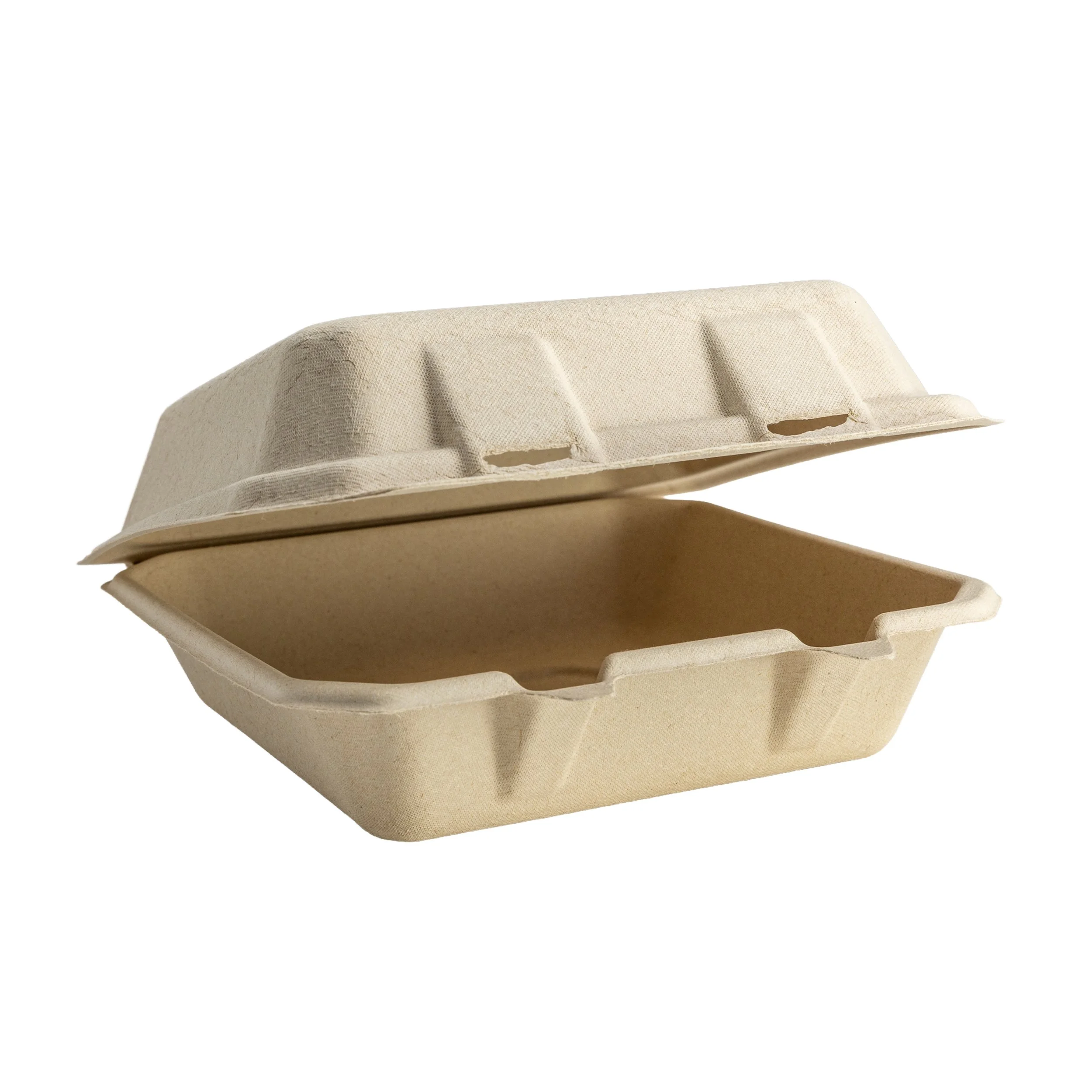 A beige, eco-friendly cardboard food container with a closed lid.