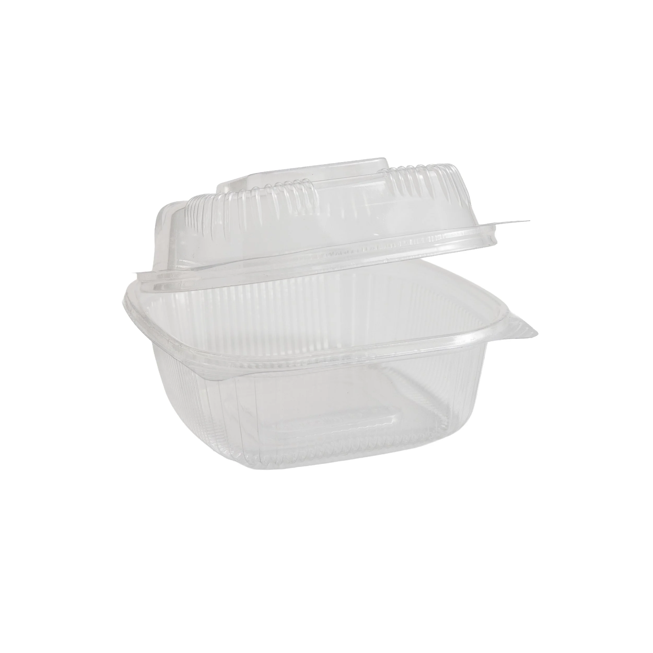 Clear plastic food container with a compartmentalized lid, set against a white background.