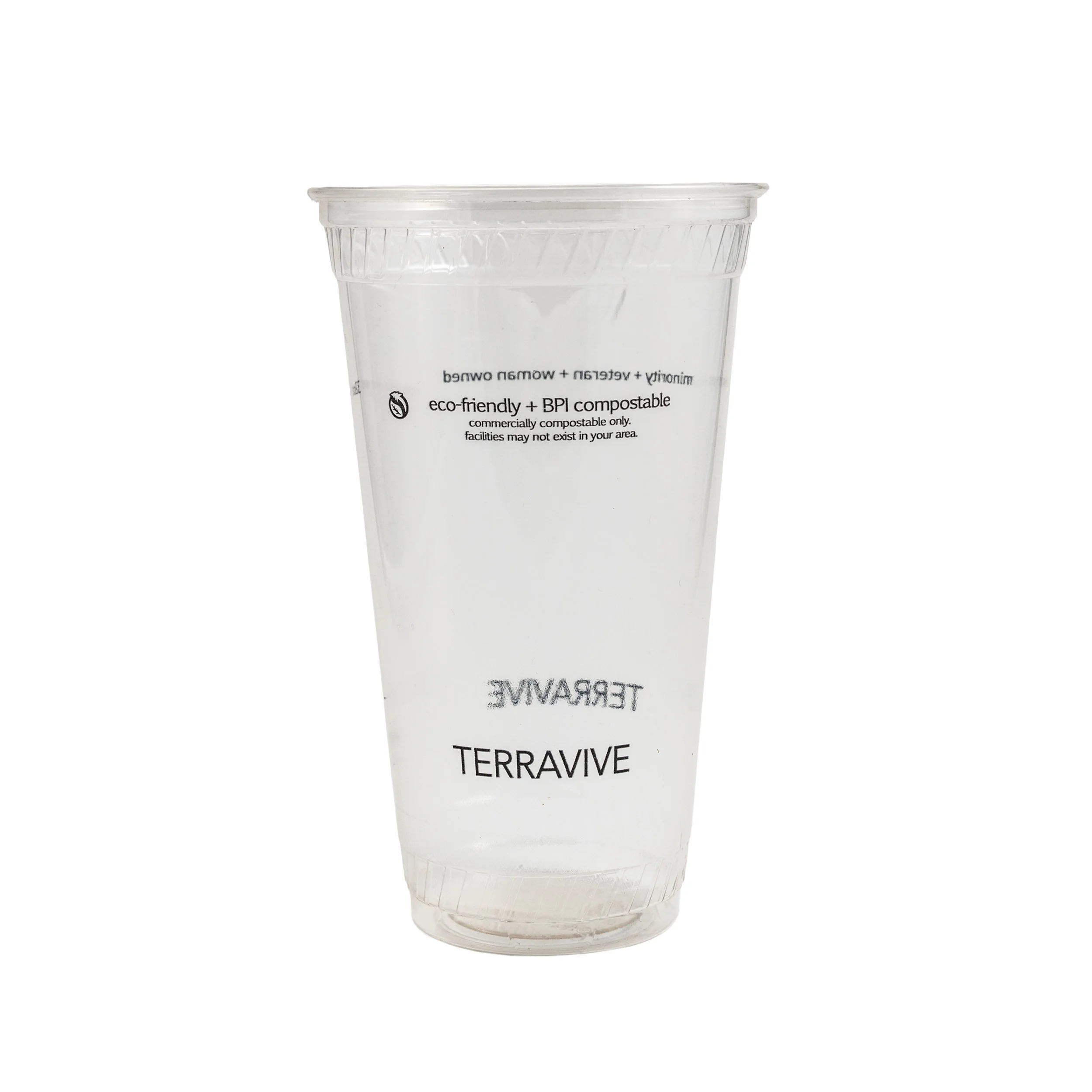 A clear plastic cup with black printed text that reads 'TERAVIVE' and inside the cup, the text 'miniory+vegetran + women owned + eco-friendly + BPI compostable' is visible.