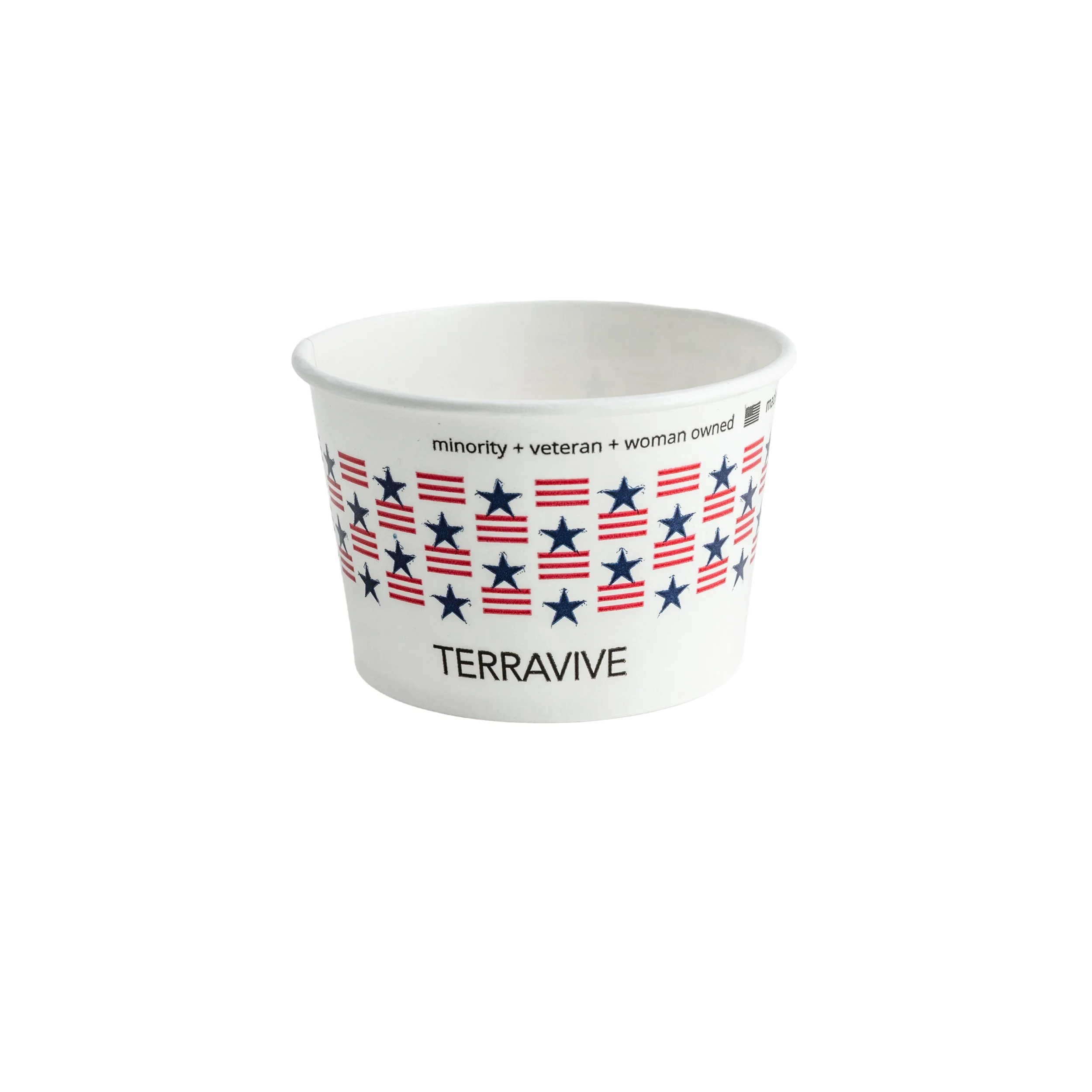 A white disposable cup with patriotic 4th of July themed stars and stripes design, featuring text that mentions minority, veteran, woman owned, and brand name Terravive.