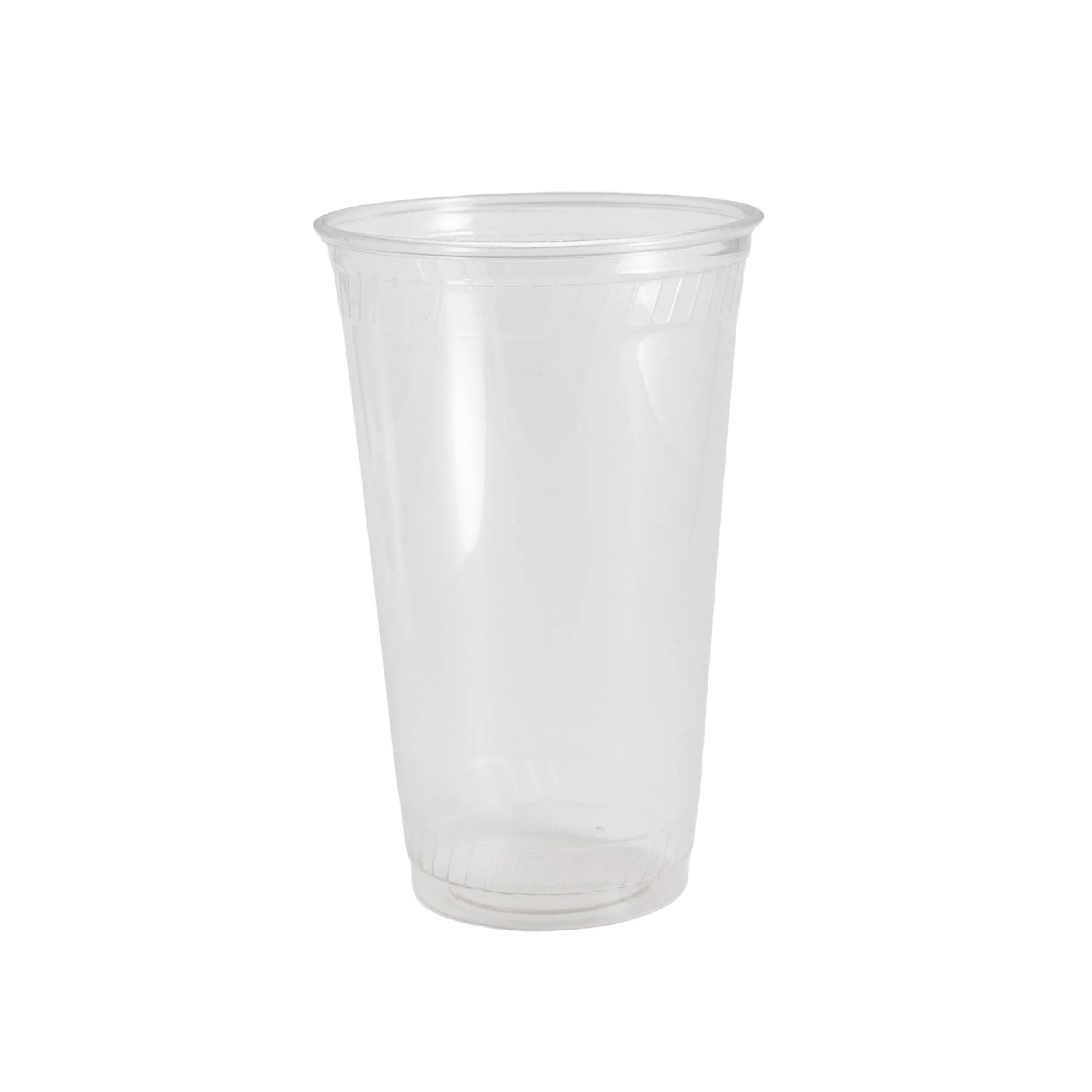 A clear plastic cup without a lid or straw, isolated on a white background.