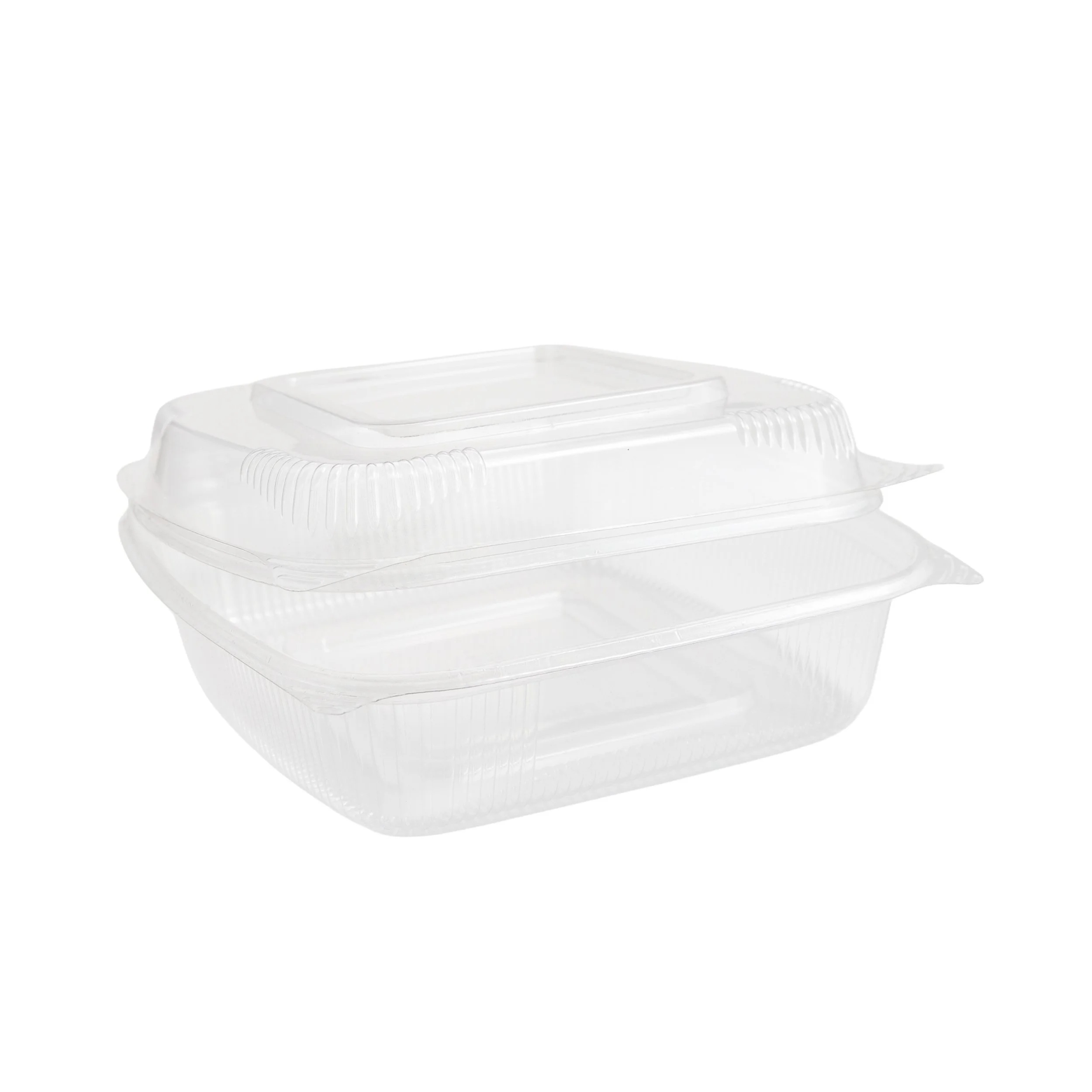 Clear plastic food container with a hinged lid, isolated on white background.