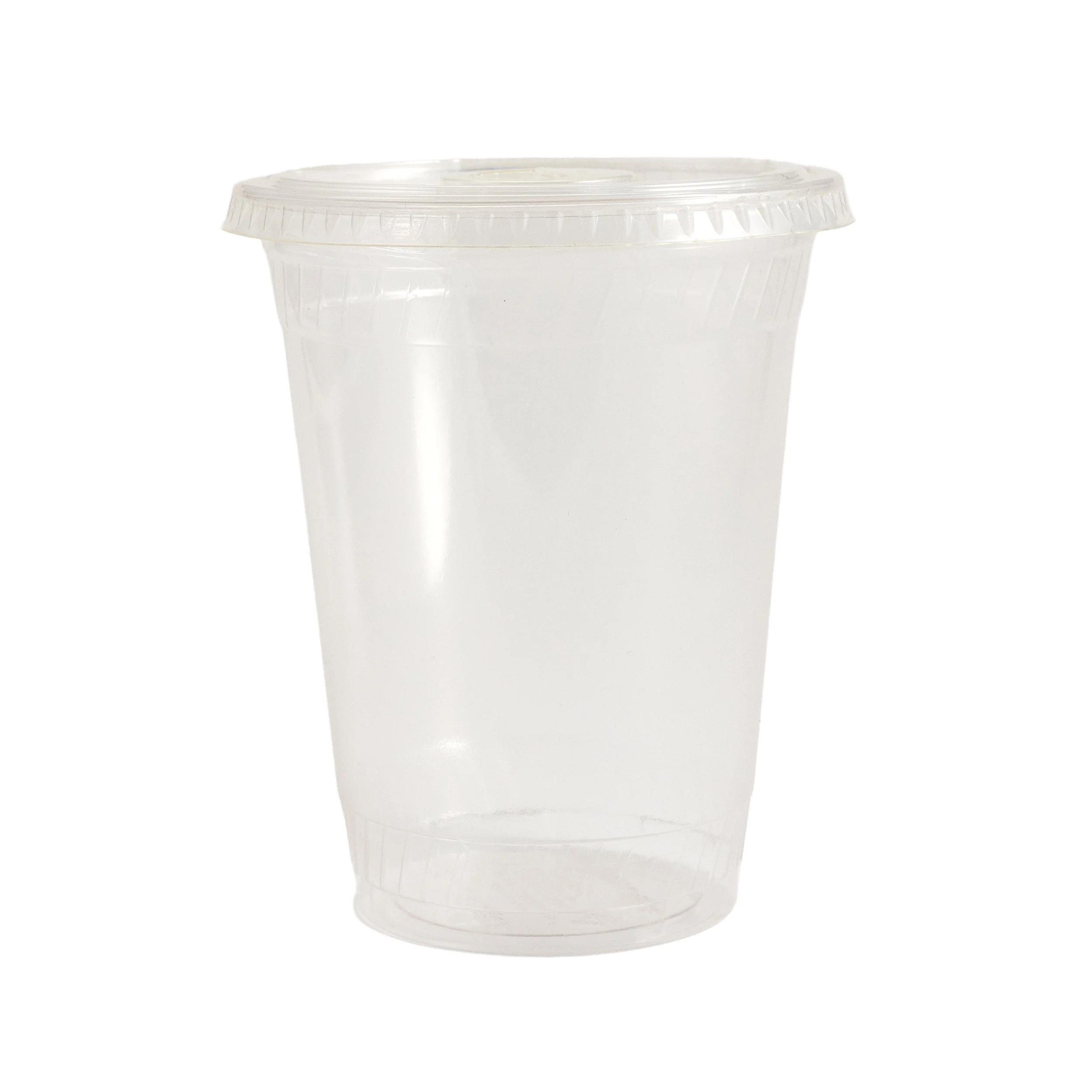 Empty disposable plastic cup with a clear lid, isolated on a white background.