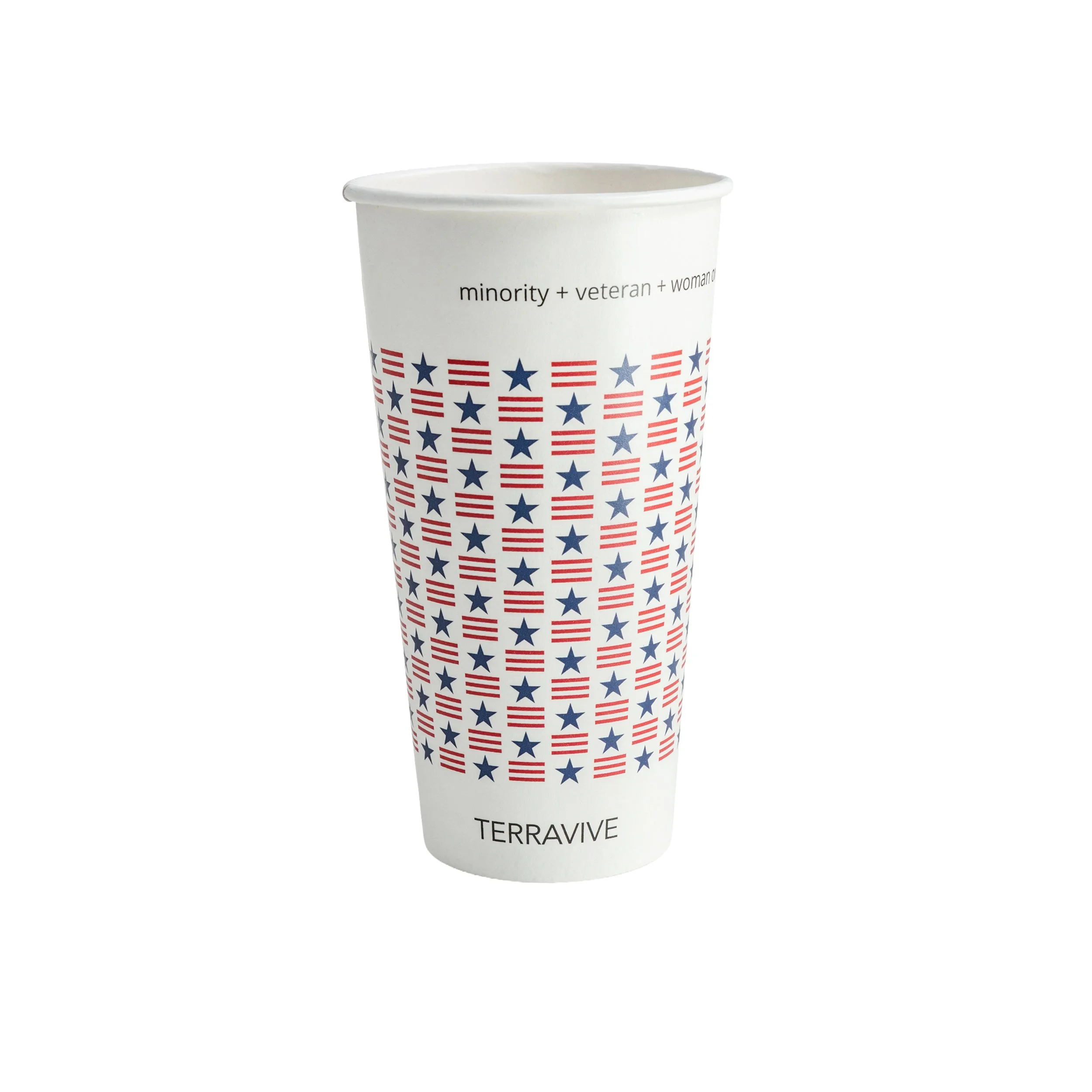 A white disposable cup with red and blue star and stripe pattern, with the text 'TERRAVIVE' at the bottom, and words 'minority + veteran + woman' near the top.