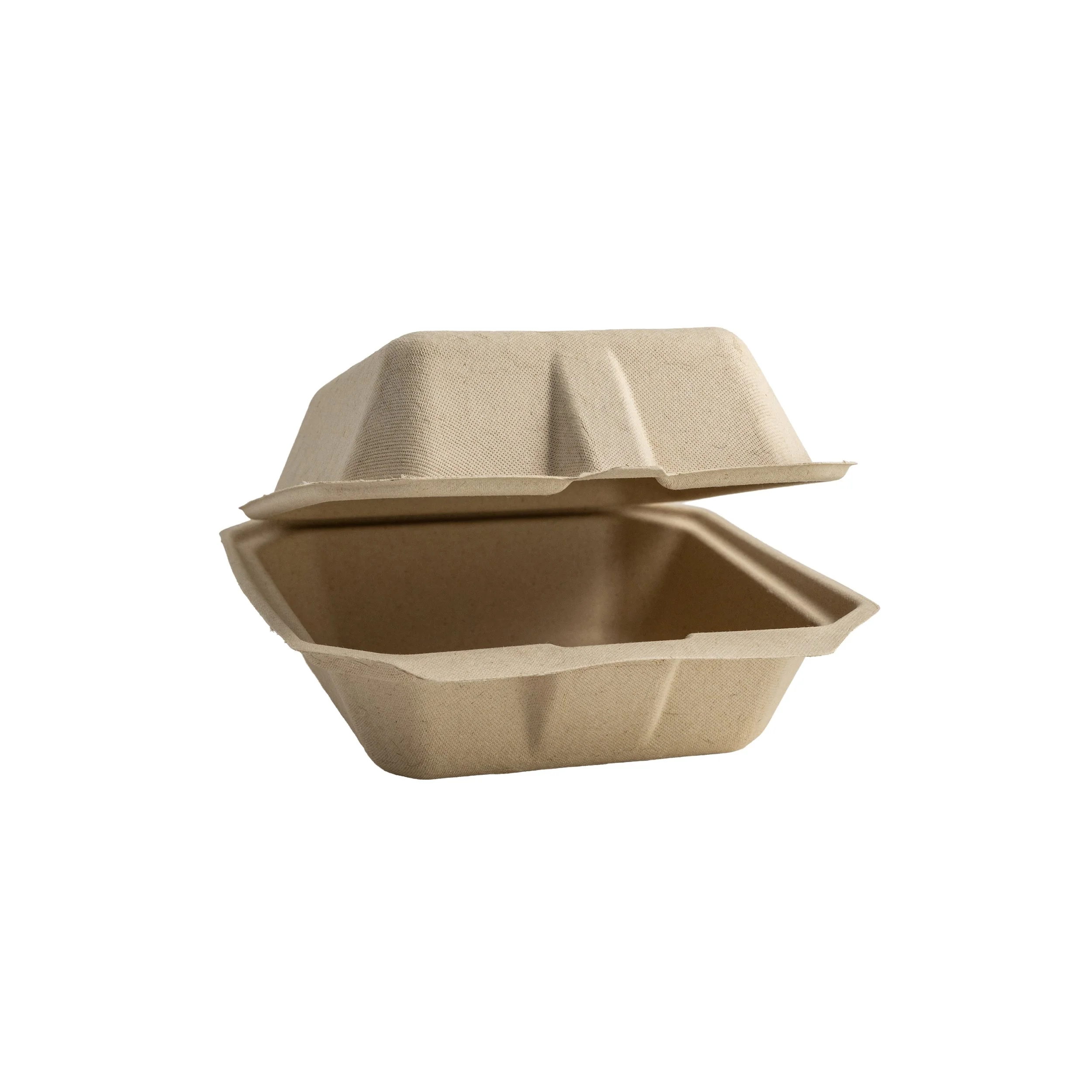 Closed beige cardboard food container with a snap-on lid, isolated on a white background.