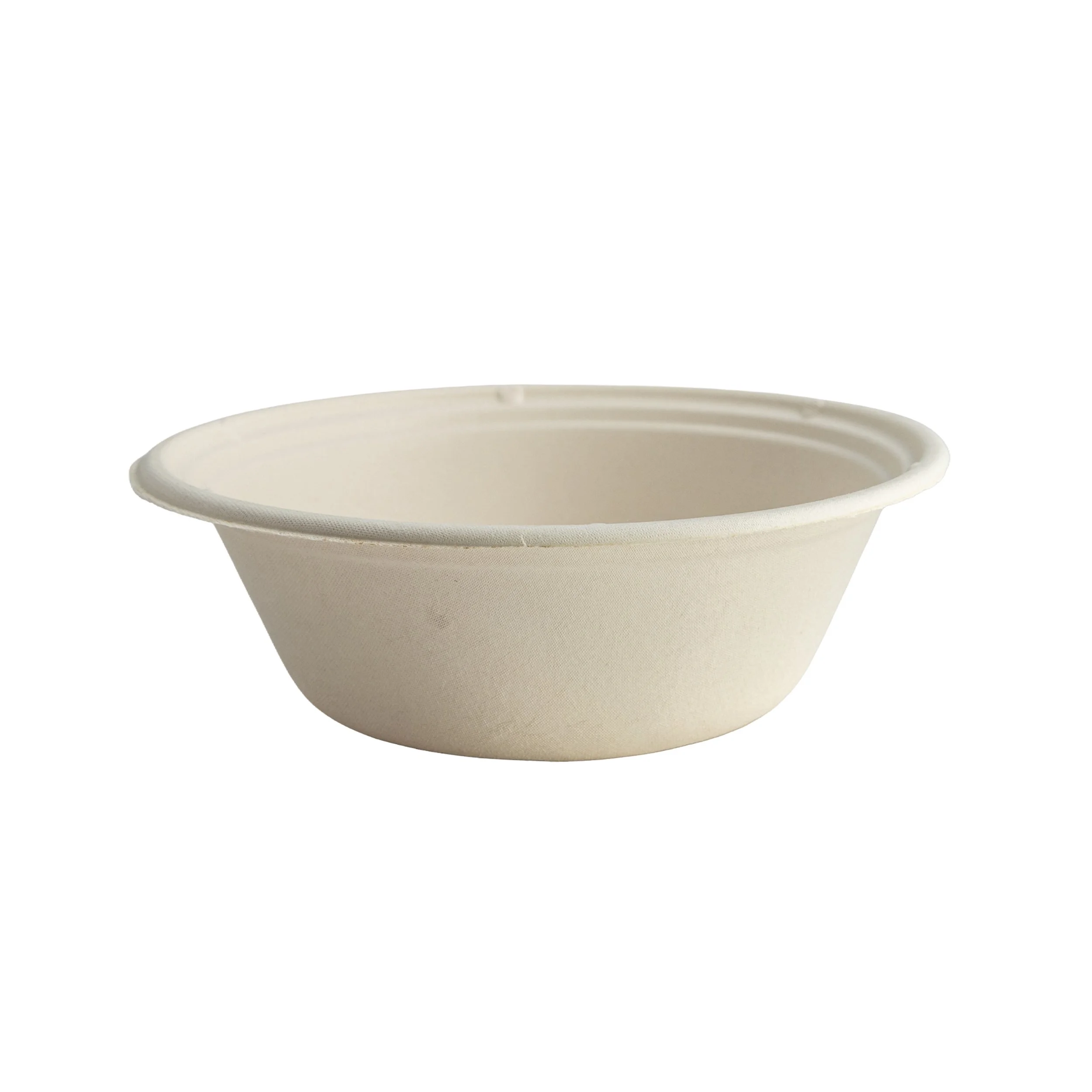 A close-up of an empty, round, white disposable bowl made of biodegradable material, with a smooth surface and slightly raised rim.