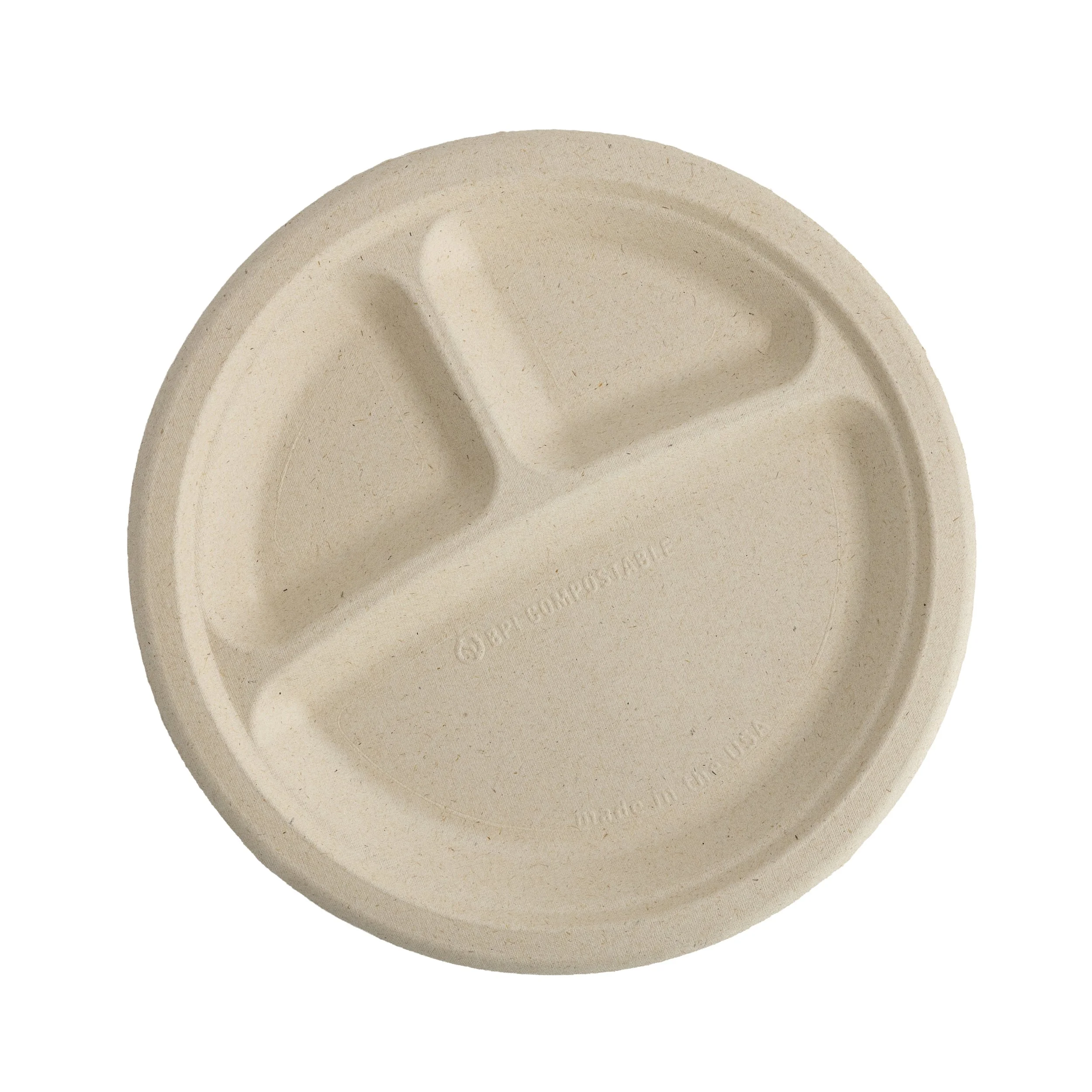 Close-up of a beige, biodegradable, compostable food container made from unbleached paper pulp with a divided internal section.