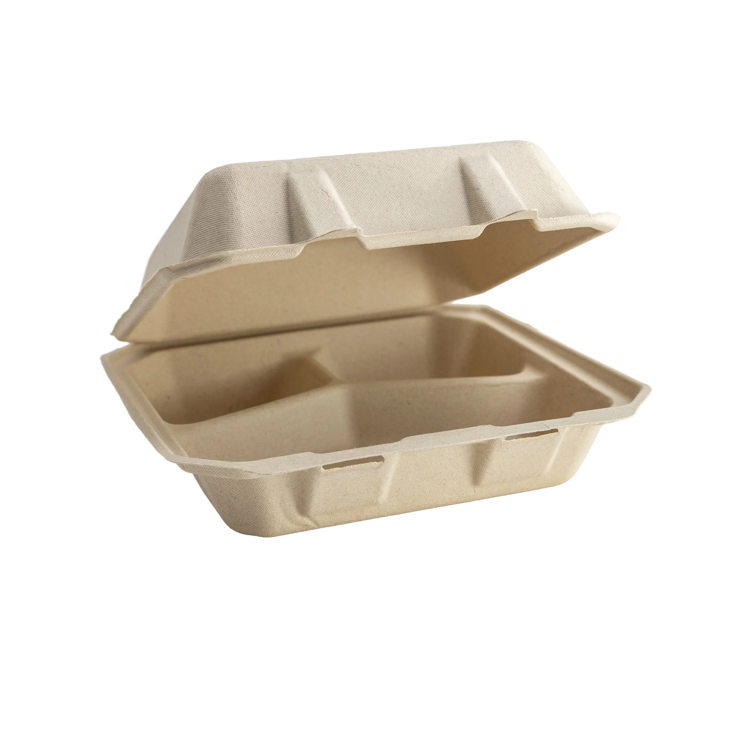 A beige, eco-friendly, biodegradable takeout food container made of compostable material, with an open lid, placed against a plain white background.