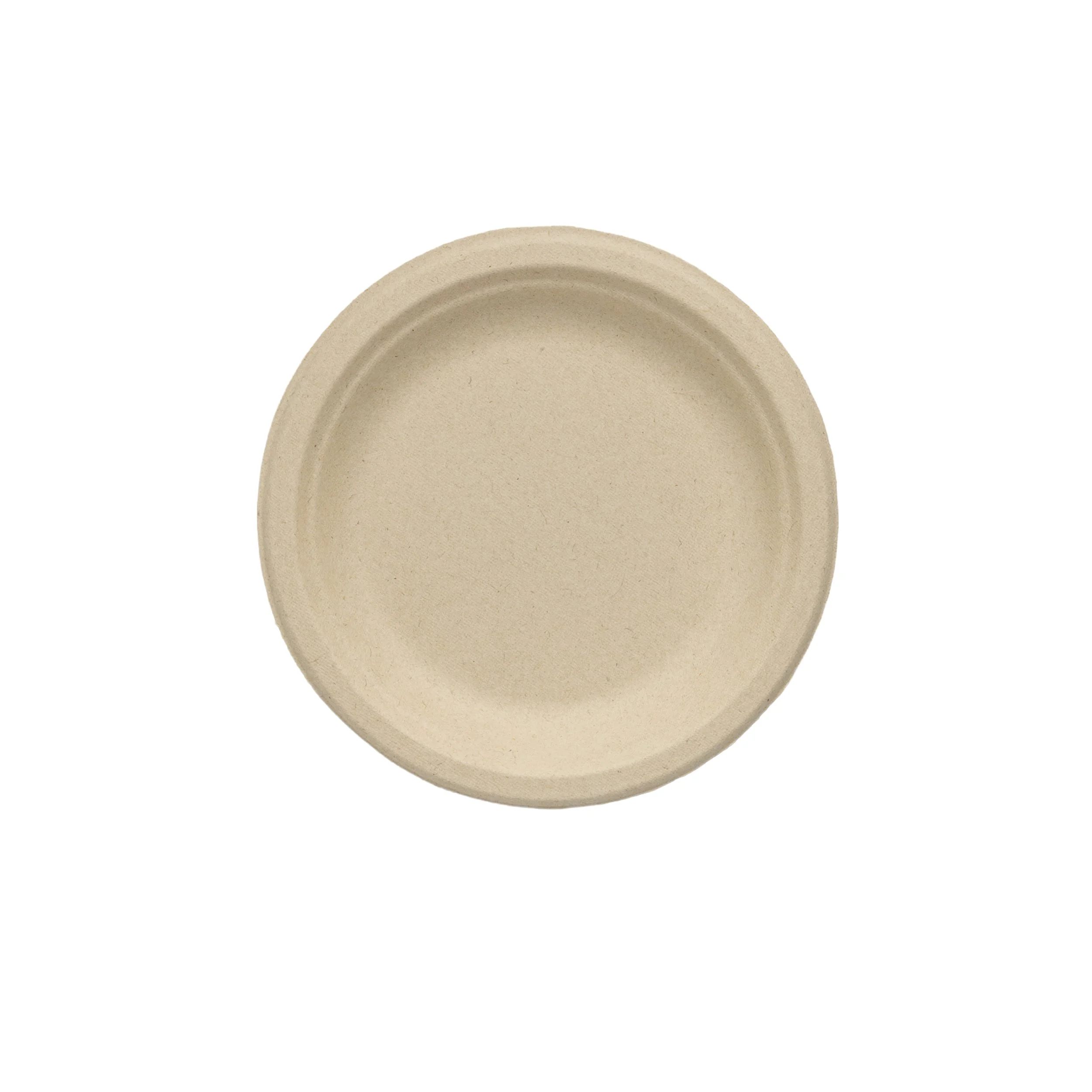 A beige, round plate with a textured surface, viewed from above, against a white background.