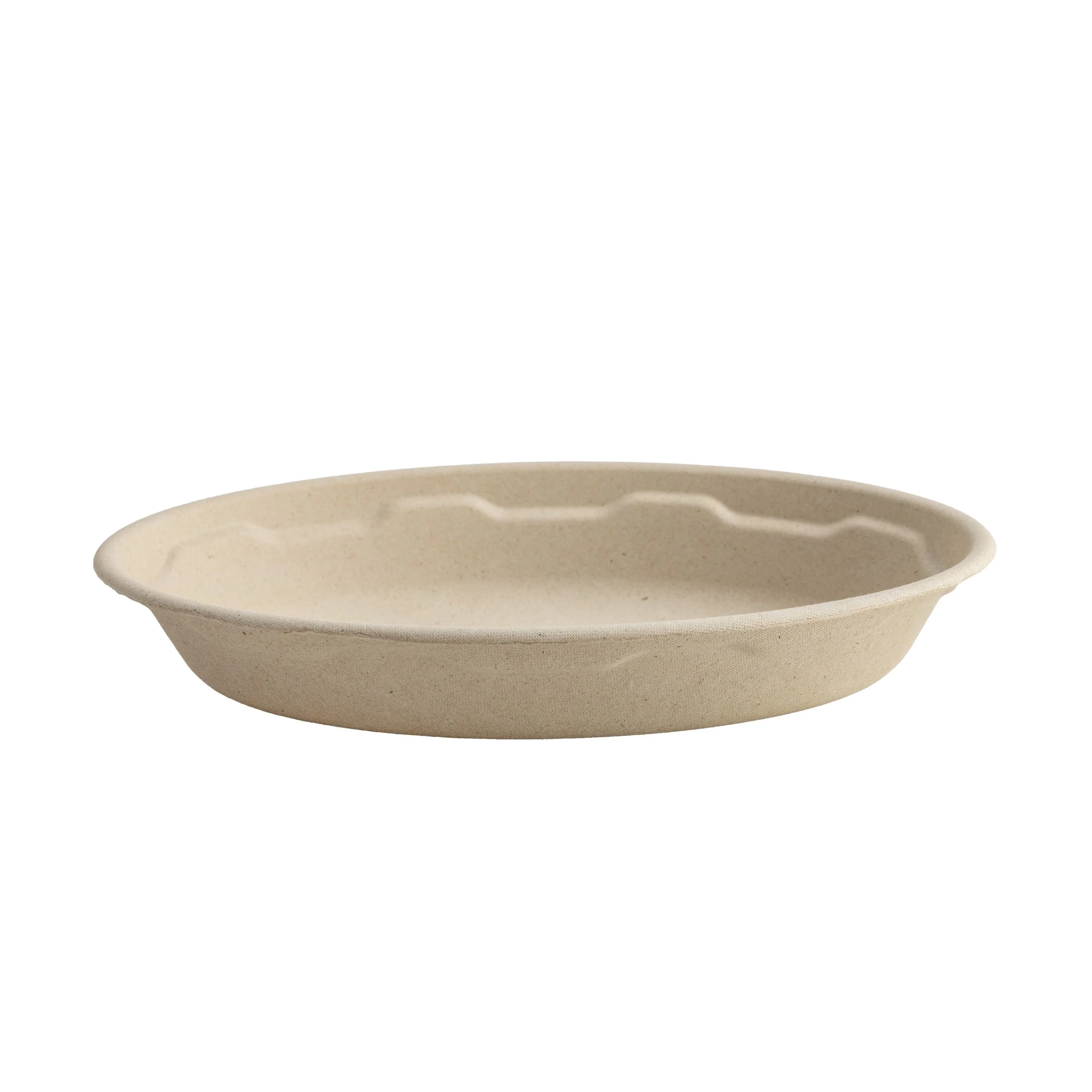 A beige ceramic bowl with a textured rim and smooth interior, seen against a plain white background.