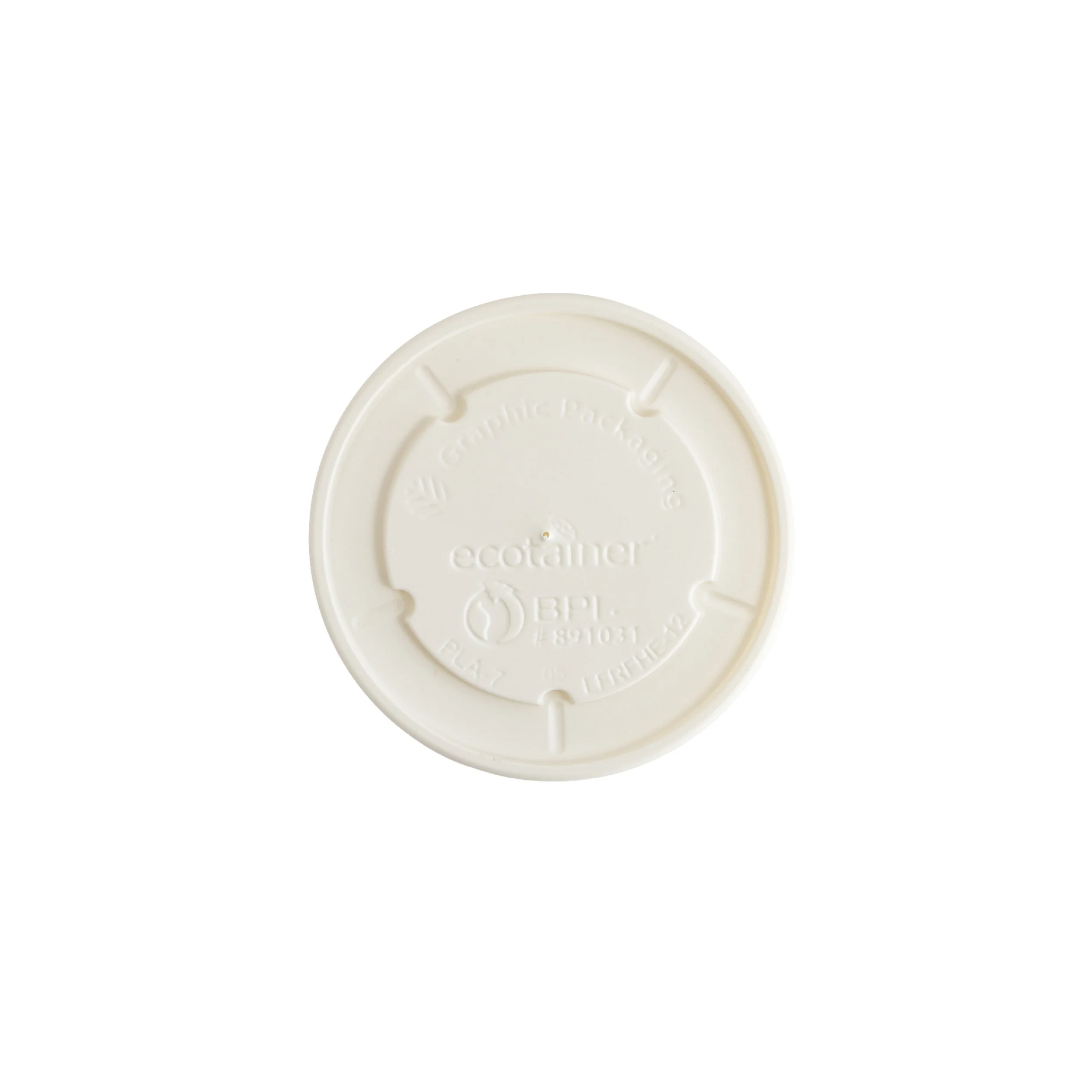 Close-up of a white plastic container lid with embossed text, logos, and recycling symbols on a white background.