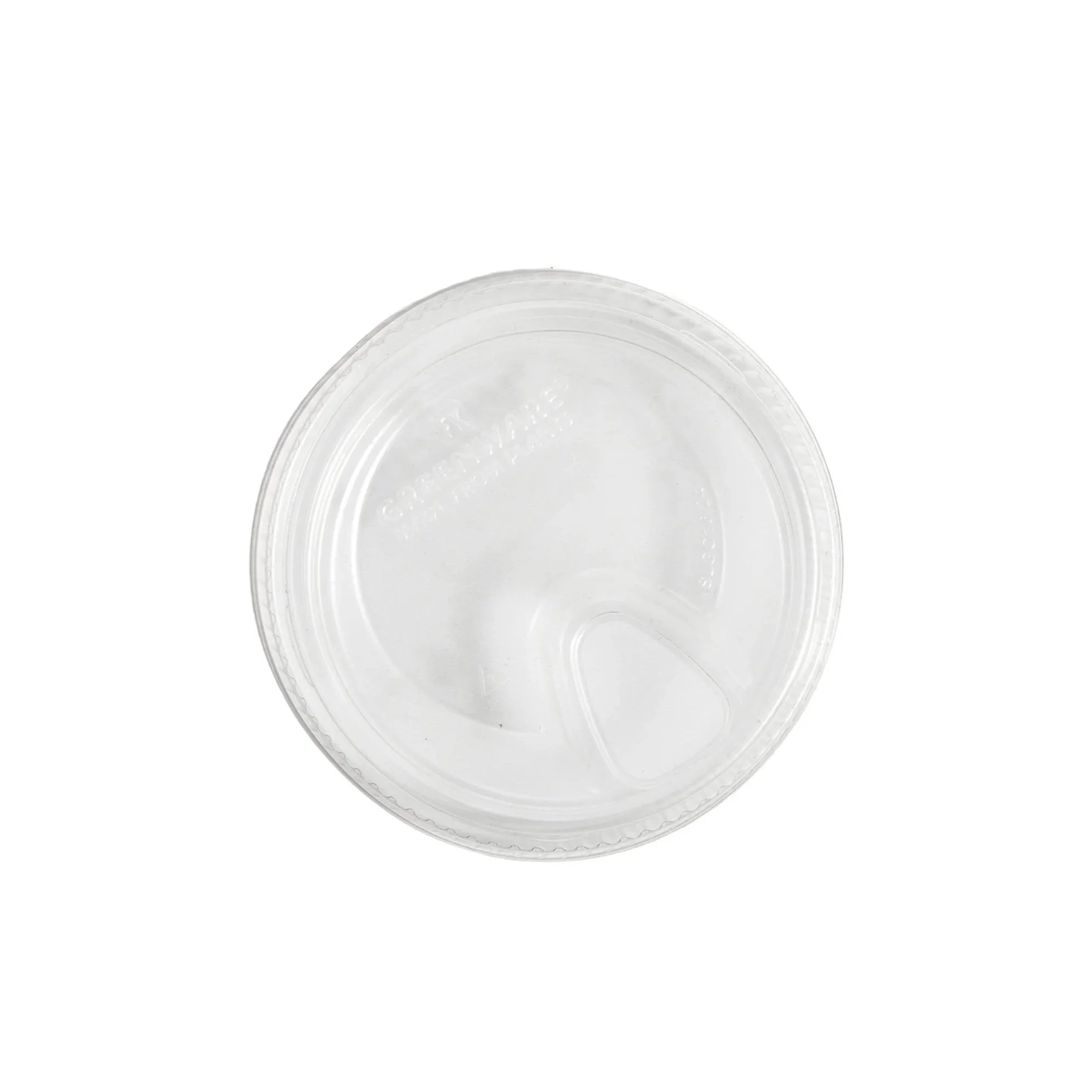 Clear plastic container lid showing an opaque top with ridges around the edge against a white background.