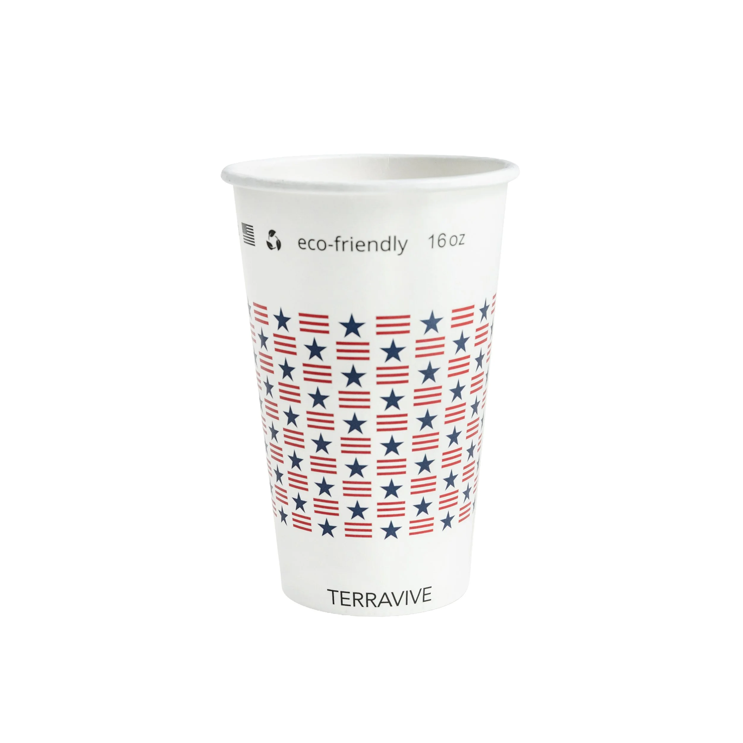 White paper cup with blue and red star pattern, labeled 'eco-friendly 16oz' and 'TERRAVIVE' at the bottom.