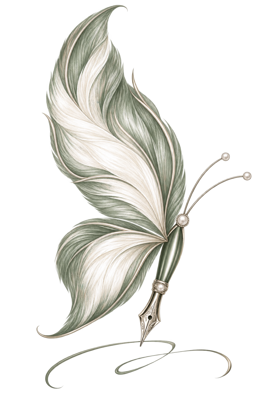 A decorative feather quill pen with a metallic handle and white pearls, mimicking a butterfly to resemble Monarch Notary LLC