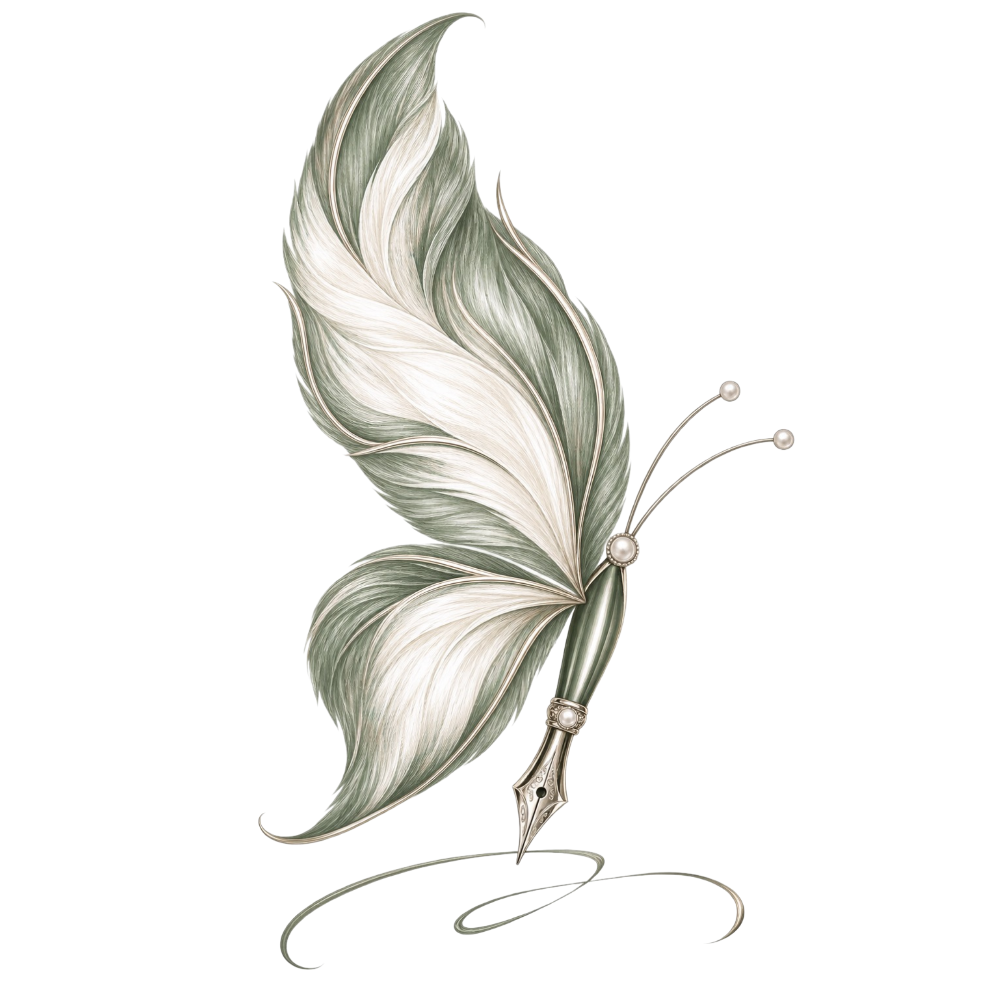 A decorative feather quill pen with a metallic handle and white pearls, mimicking a butterfly to resemble Monarch Notary LLC
