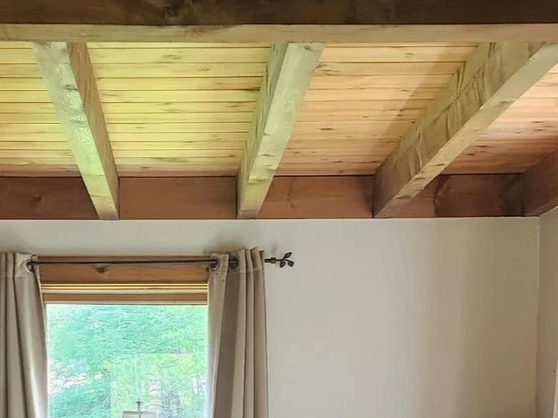 View of a wooden ceiling with exposed beams above a window with beige curtains, showing a green outdoor scene.