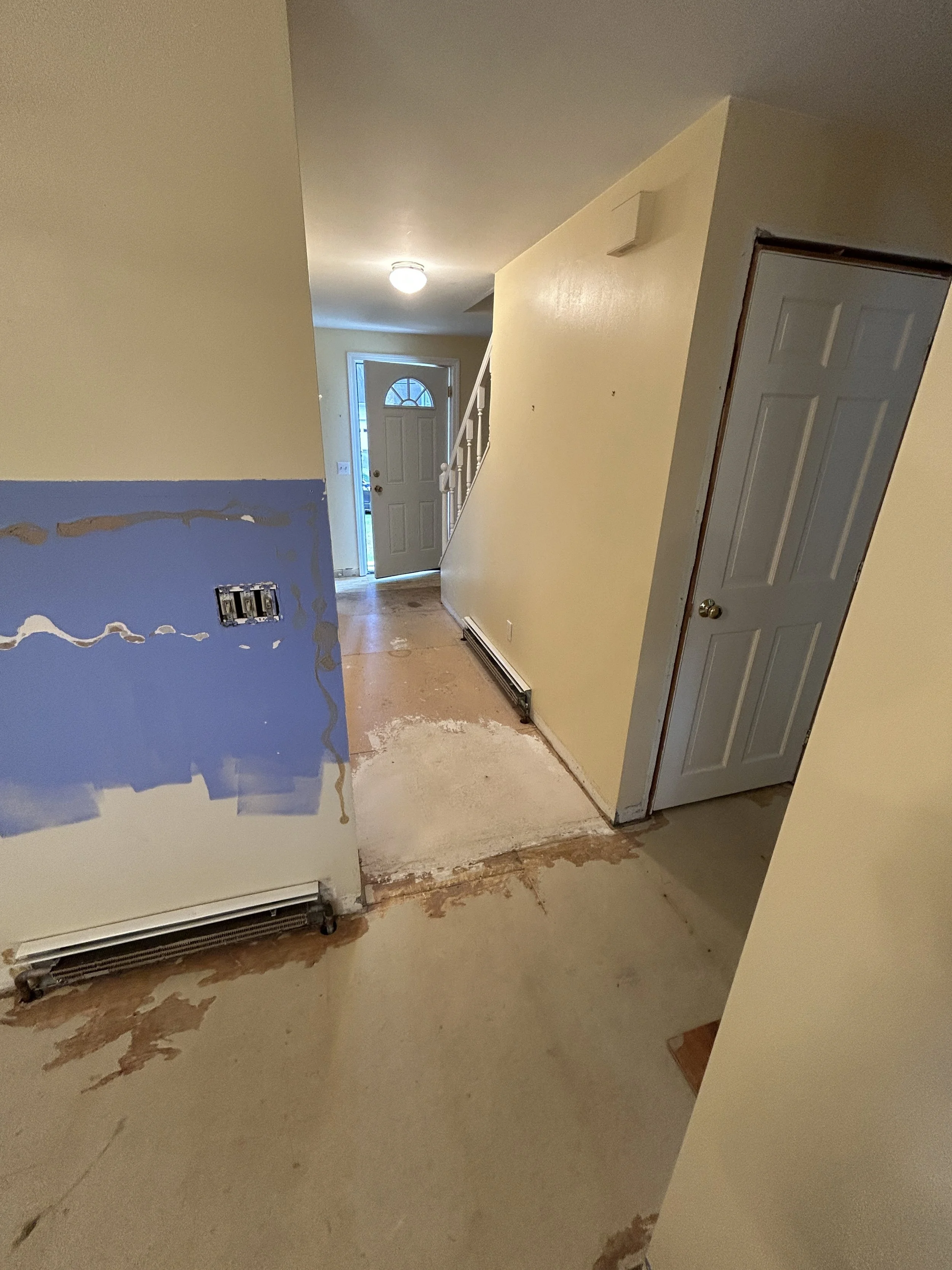 Interior view of a house under renovation showing a partially finished wall with paint and drywall patches, an unfinished floor, a closed paneled door, and an entryway with a front door visible in the background.