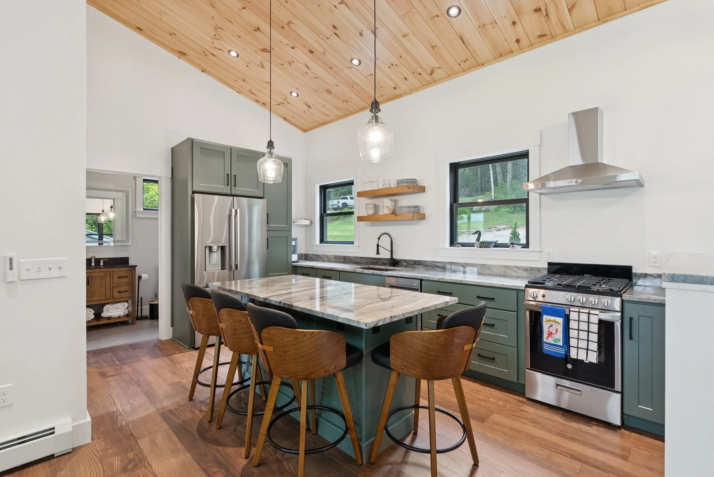 Avex Custom Homes, Gray Maine, Little Sebago Lake, Pine Ceiling, Custom Home Build, Flooring, Spiral Staircase, Railings, Ceiling Fan, Cabinets, Countertops, New Home, Construction. Maine Builder